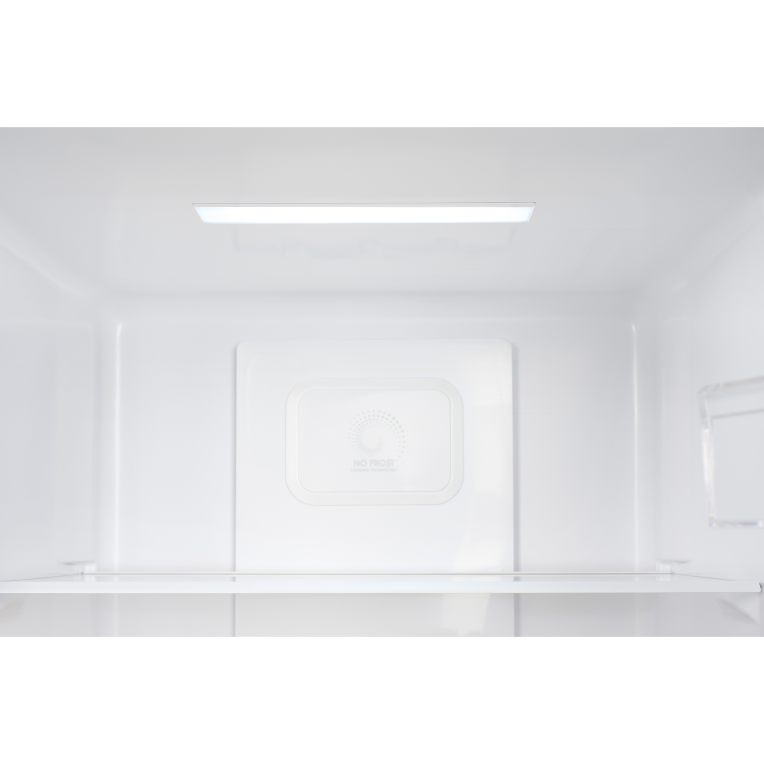 An empty white refrigerator interior. A light strip is at the top. A panel with 'NO FROST' is in the middle.