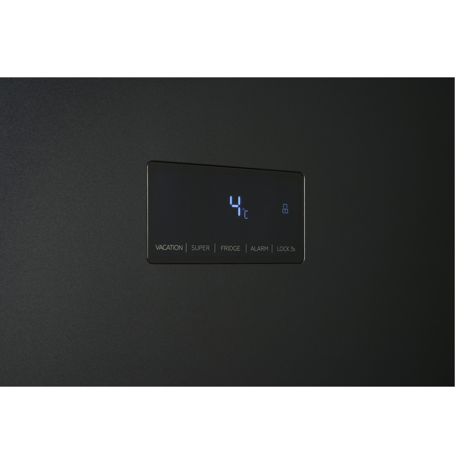 Black refrigerator door with digital display showing 4°C and function buttons: vacation, super, fridge, alarm, lock.