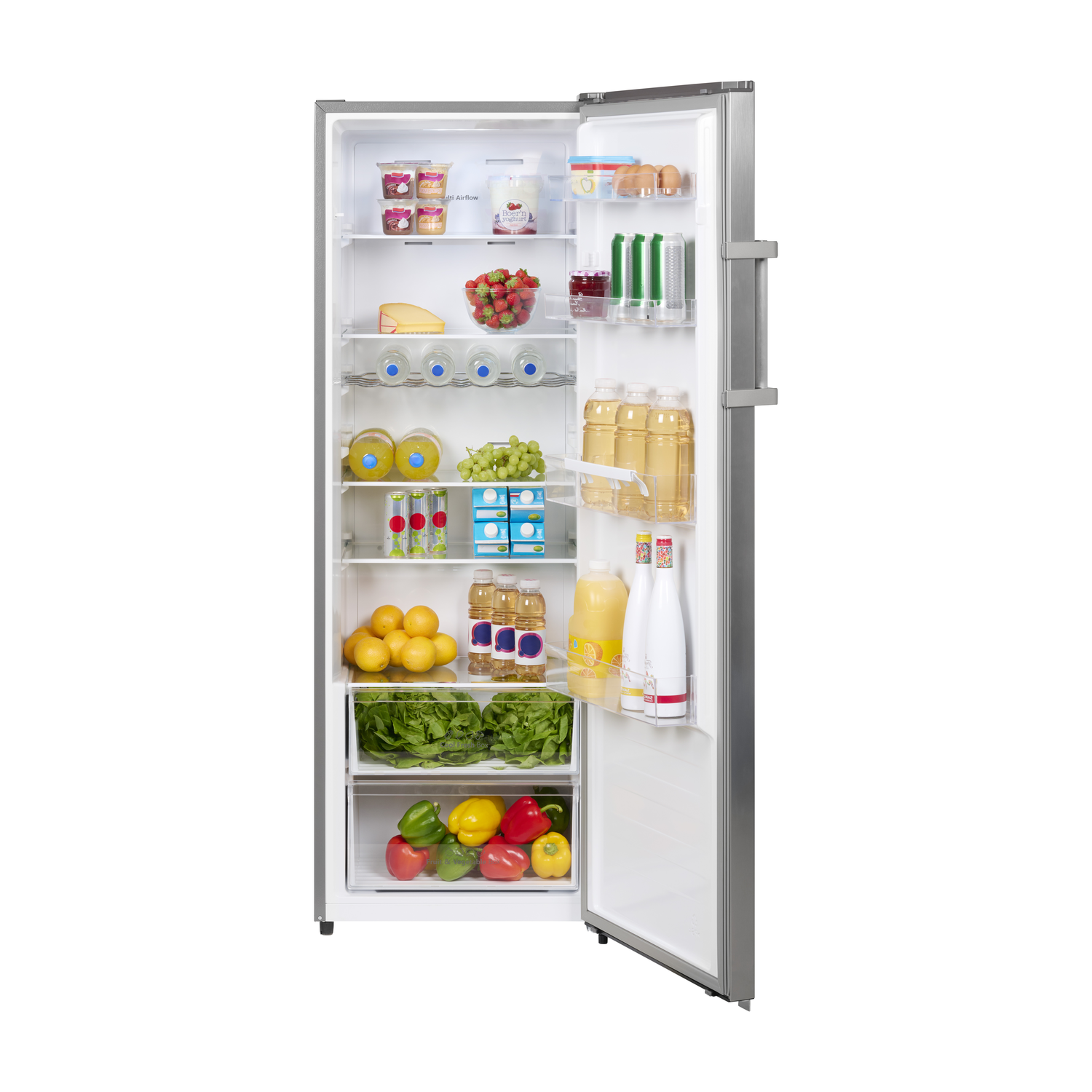 Open koelkast gevuld met diverse voedingsmiddelen: fruit, groenten, drankjes en zuivelproducten. De deur staat open, toont de inhoud.