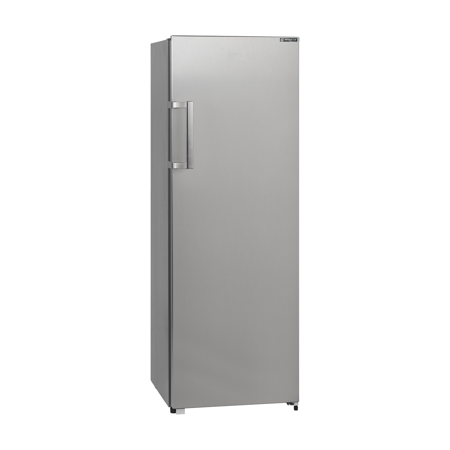 Een hoge, zilveren koelkast tegen een witte achtergrond. Hij heeft een verticale handgreep en het Inverter-logo is zichtbaar bovenaan.