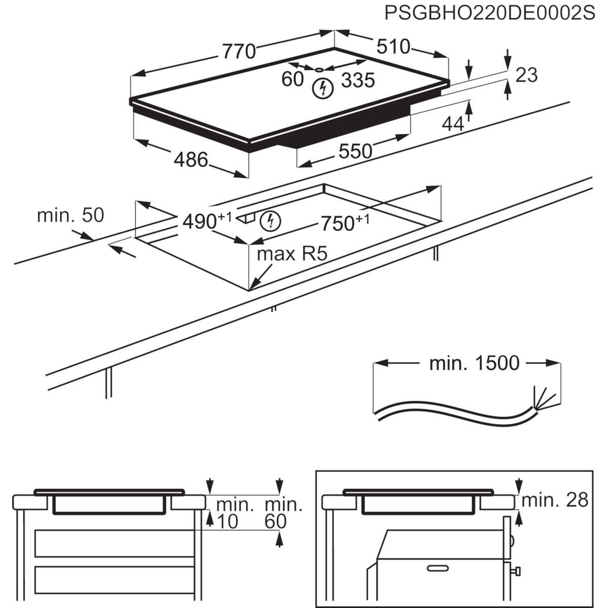Fekete főzőlap diagramja méretekkel, valamint kivágott nézetek a telepítési részletekkel és a minimális távolság követelményekkel.