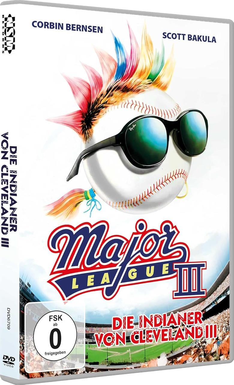 DVD-Cover von 'Major League III'. Ein Baseball mit Sonnenbrille und einem bunten Irokesenschnitt. Der Titel ist prominent, mit Stadionhintergrund.