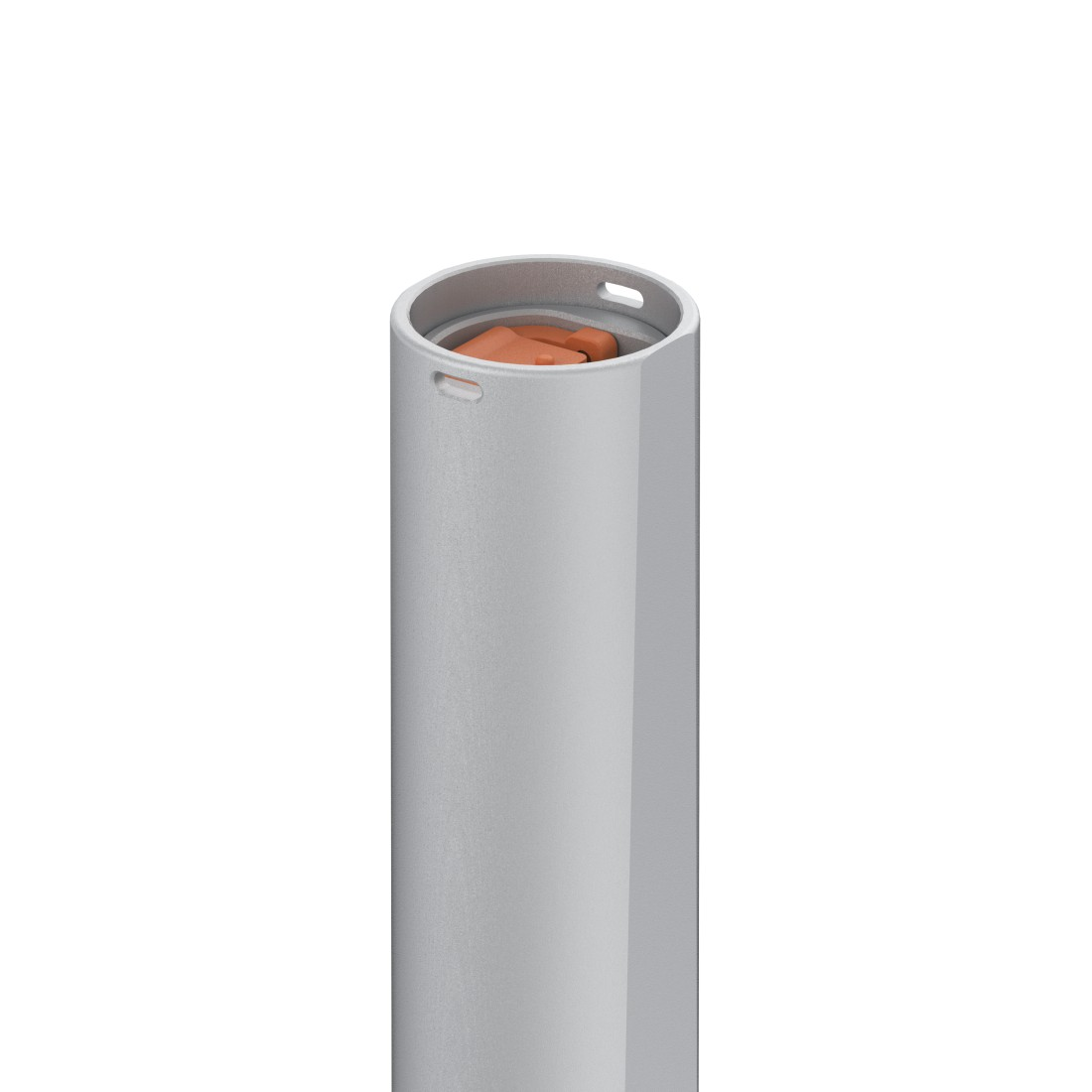 Ein zylindrischer, hellgrauer Behälter mit einem orangefarbenen Gegenstand im Inneren. Der Deckel hat Öffnungen. Weißer Hintergrund.