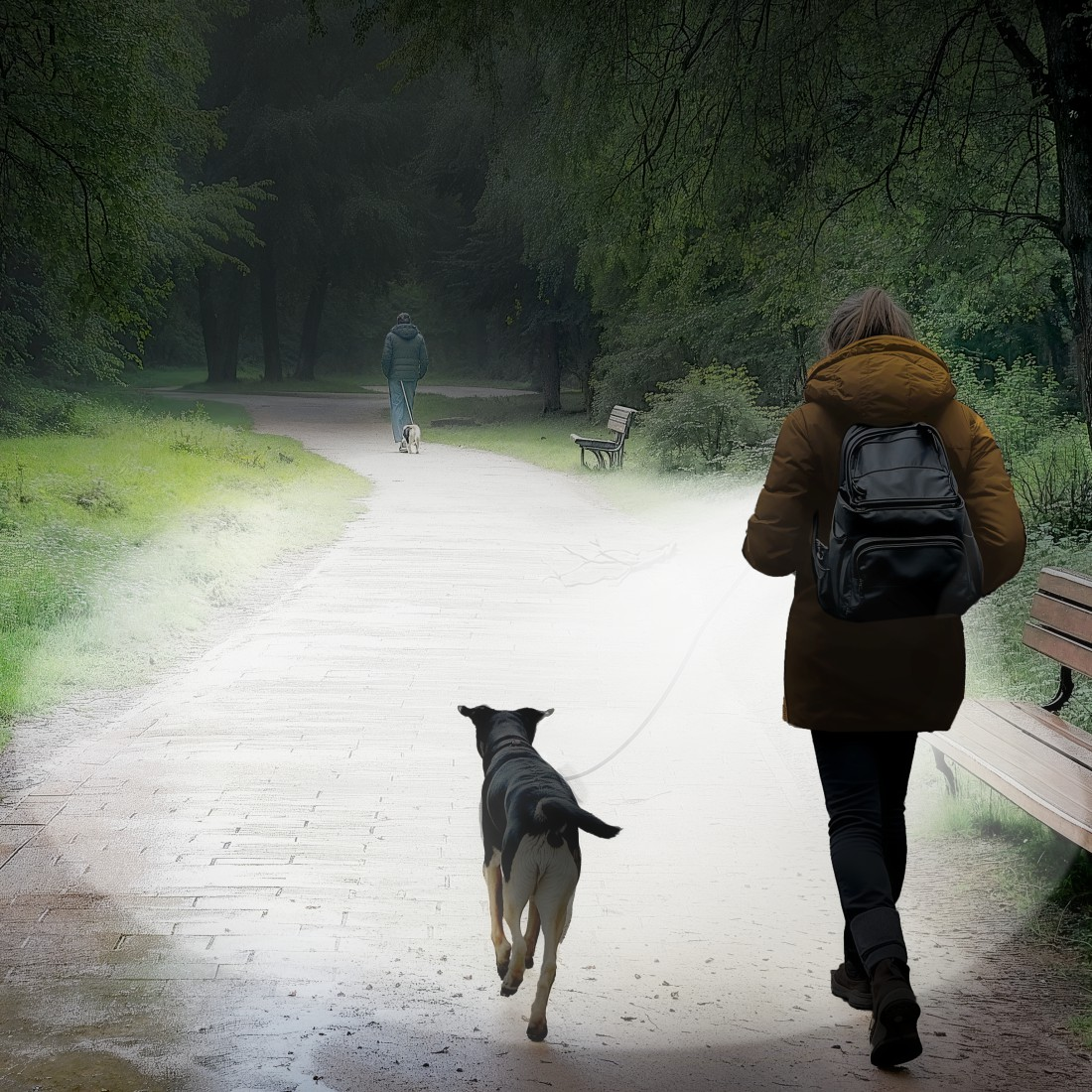 Eine Person geht mit einem Hund auf einem Parkweg spazieren. Eine andere Person geht in der Ferne mit einem Hund spazieren.