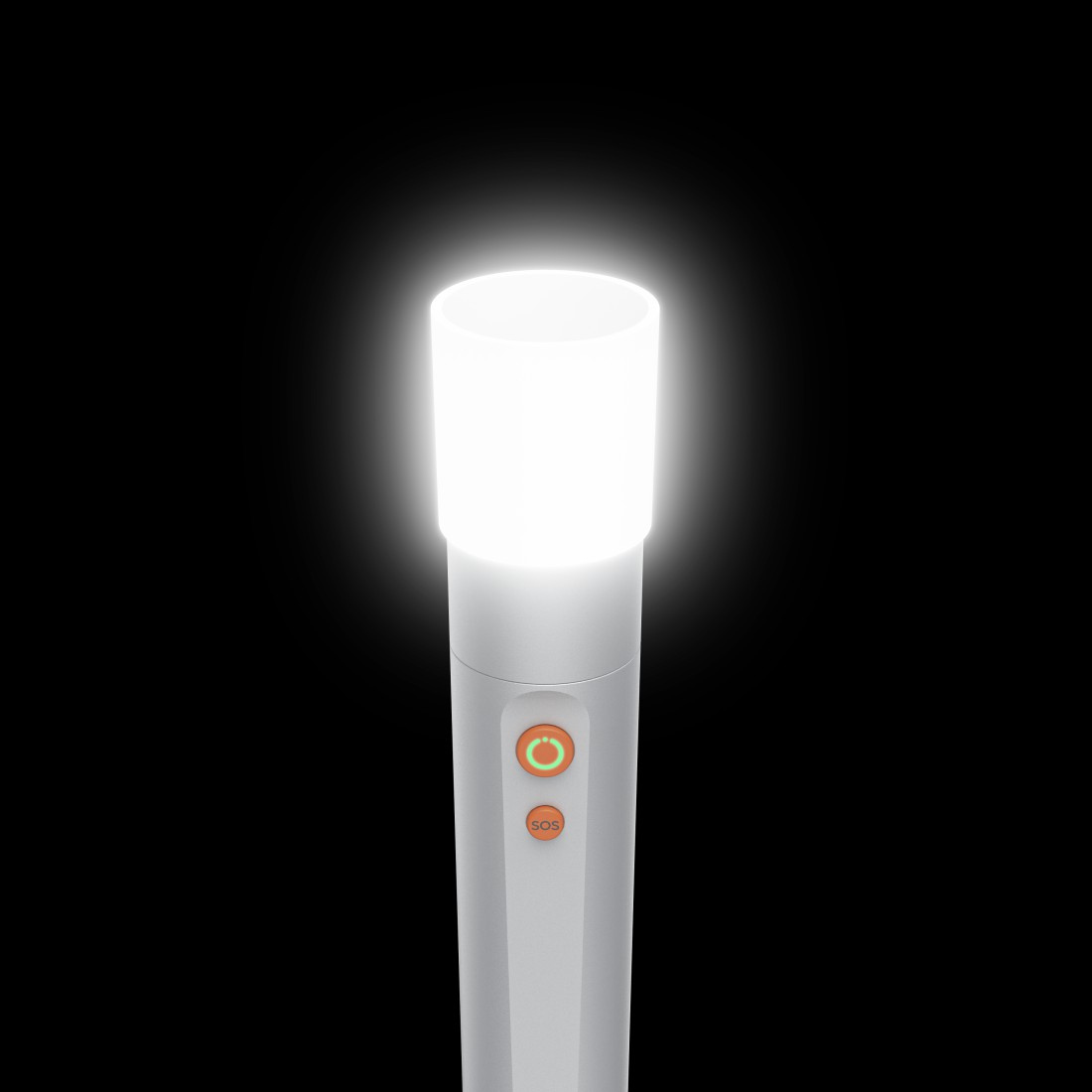 Eine weiße Taschenlampe strahlt helles Licht aus. Sie hat einen orangefarbenen Ein-Aus-Knopf mit grünem Ring und eine SOS-Taste.