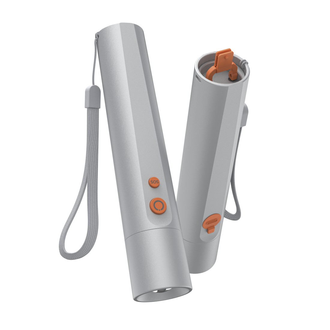 Zwei graue Taschenlampen mit orangefarbenen Akzenten. Eine hat eine SOS-Taste. Beide haben Handschlaufen. Eine ist offen und zeigt ein oranges Inneres.