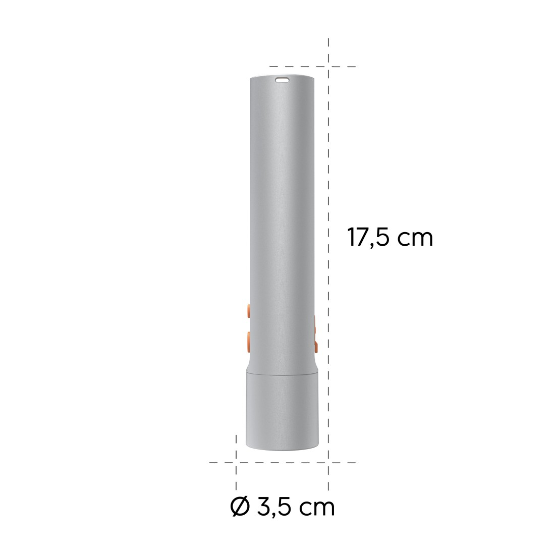 Ein grauer Zylinder mit orangenen Knöpfen, Maße: 17,5 cm hoch und 3,5 cm Durchmesser. Auf weißem Hintergrund.