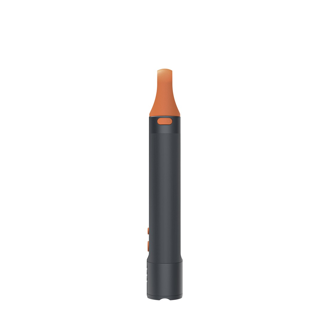 Ein Vape-Pen mit schwarzem Gehäuse, orangefarbenem Mundstück und Knopf, vor weißem Hintergrund. Der Stift steht aufrecht.