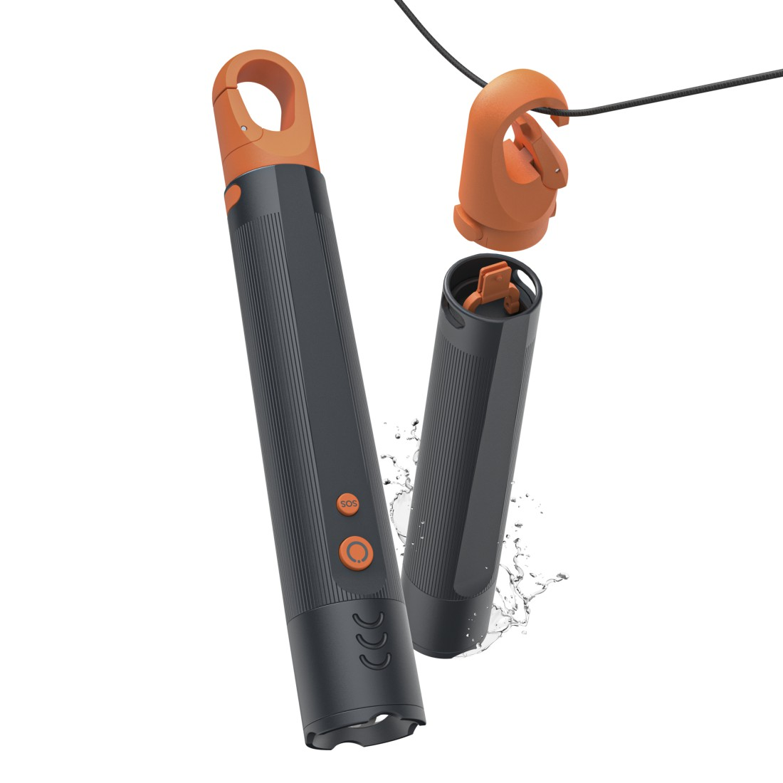 Schwarz-orange Taschenlampe mit separaten Teilen. Ein Teil ist offen und zeigt das Innere. Ein orangefarbener Haken ist an einem schwarzen Seil befestigt.