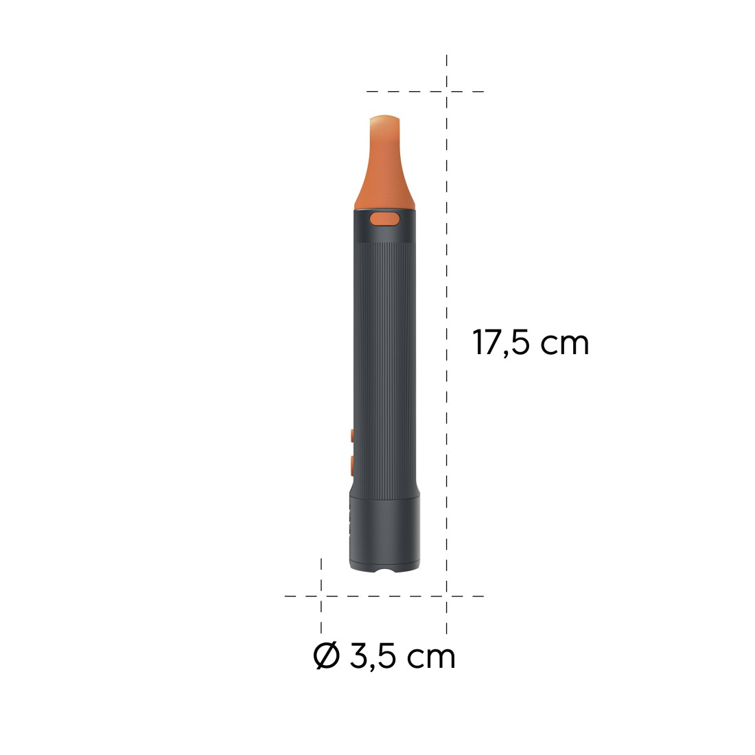 Ein schwarz-oranger Vaporizer vor weißem Hintergrund. Abmessungen: 17,5 cm hoch und 3,5 cm Durchmesser.