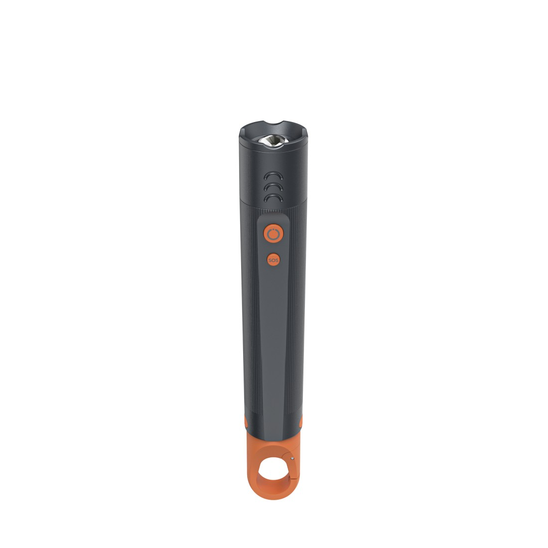 Eine graue Taschenlampe mit orangefarbenen Akzenten. Sie hat Knöpfe und eine SOS-Taste. Der Boden hat eine orangefarbene Schlaufe.