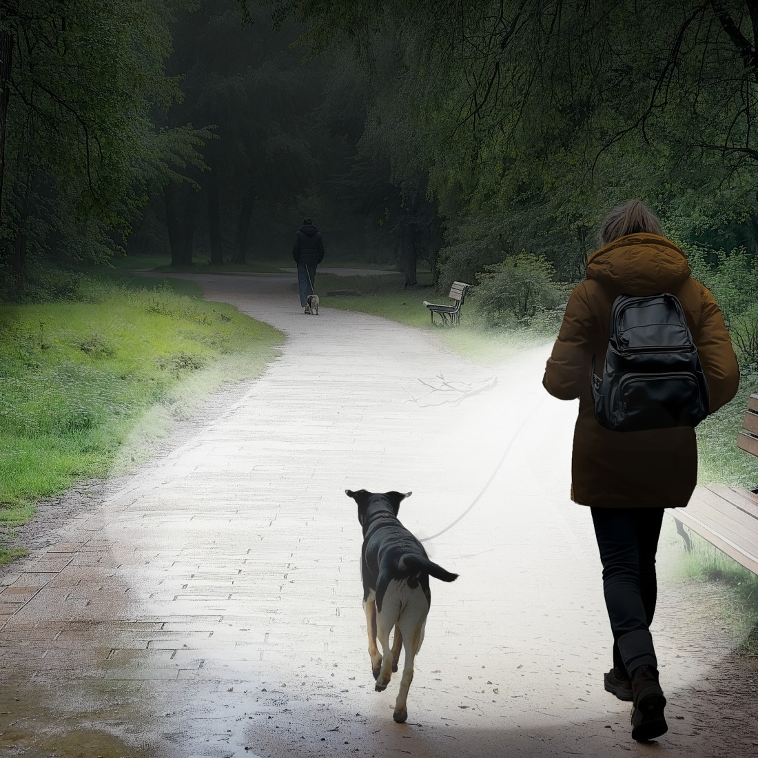 Eine Person mit Rucksack und Hund an der Leine geht auf einem Weg im Park. Eine andere Person geht mit einem Hund voraus.