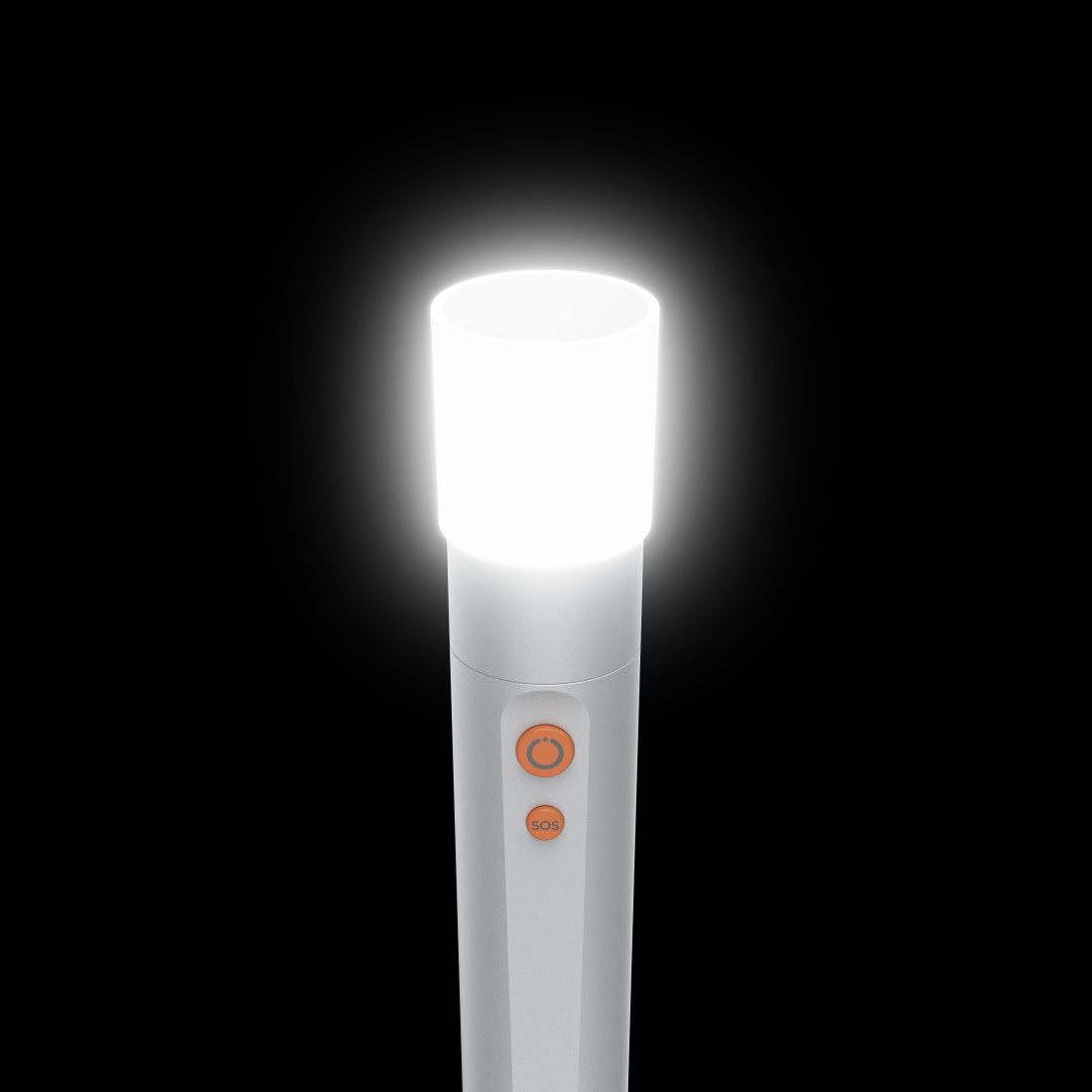Eine weiße Taschenlampe mit leuchtender Oberseite und orangefarbenen Knöpfen, darunter eine SOS-Taste, vor schwarzem Hintergrund.