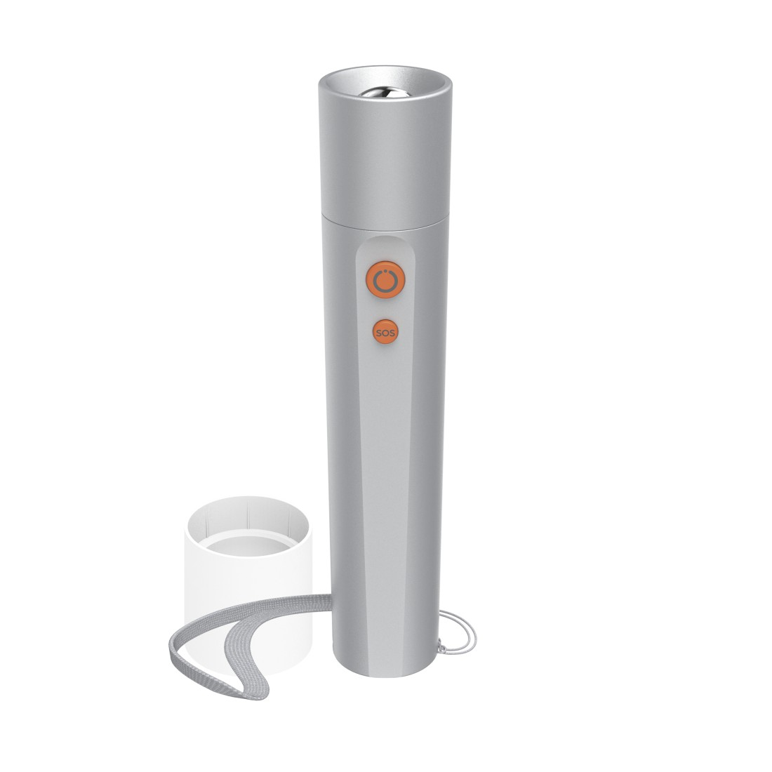 Silberne Taschenlampe mit orangefarbenen Ein-/Ausschaltern und SOS-Tasten neben einem weißen Behälter mit grauem Band.