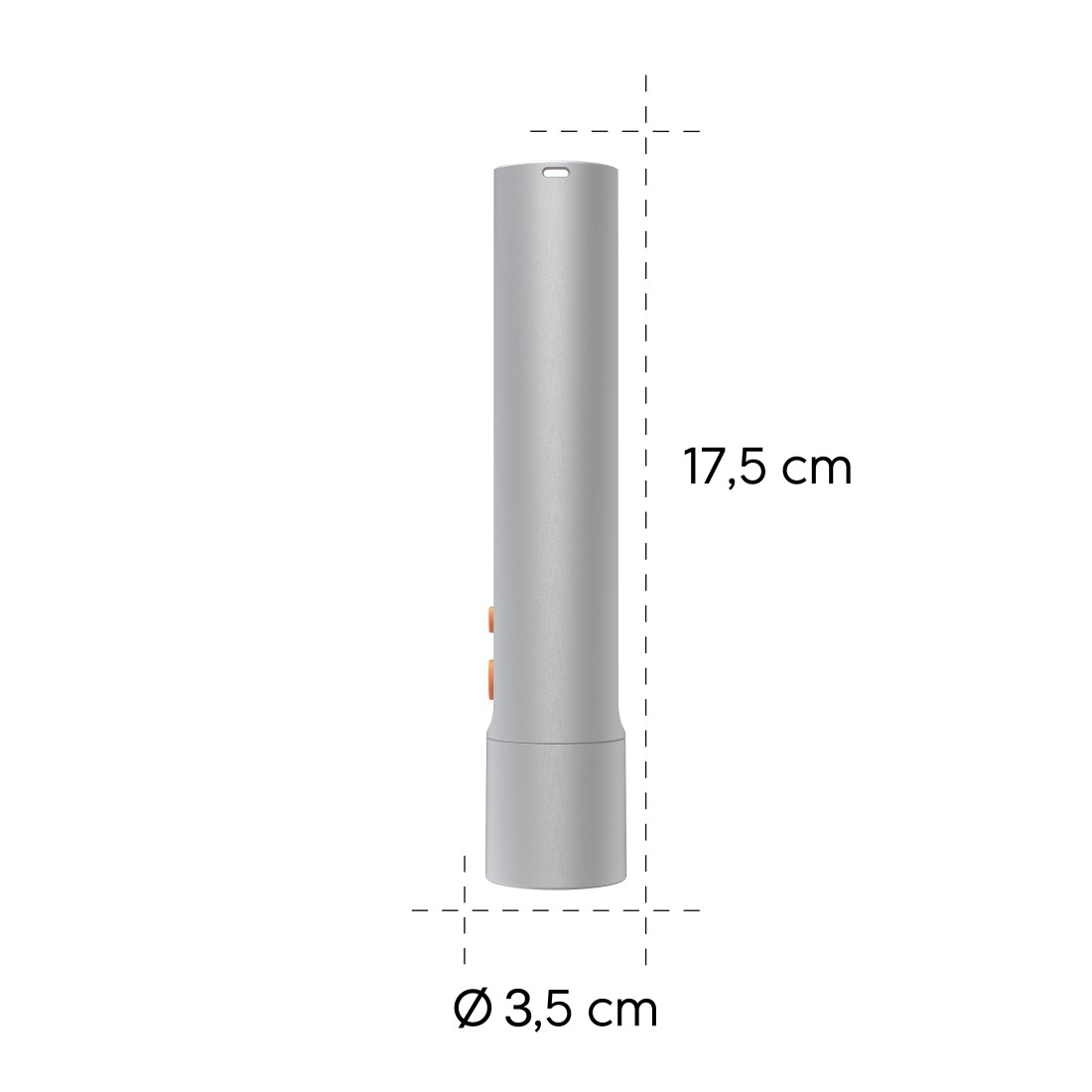 Ein graues zylindrisches Objekt mit orangefarbenen Knöpfen und den Maßen: 17,5 cm lang, 3,5 cm Durchmesser, vor weißem Hintergrund.