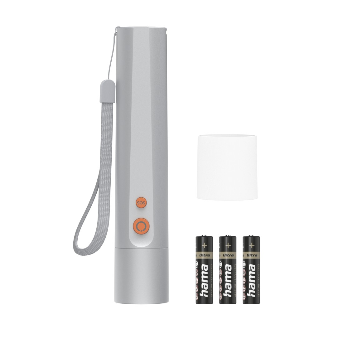 Eine graue Taschenlampe mit Handschlaufe, ein weißer Zylinder und drei AAA-Batterien, alles auf weißem Hintergrund.