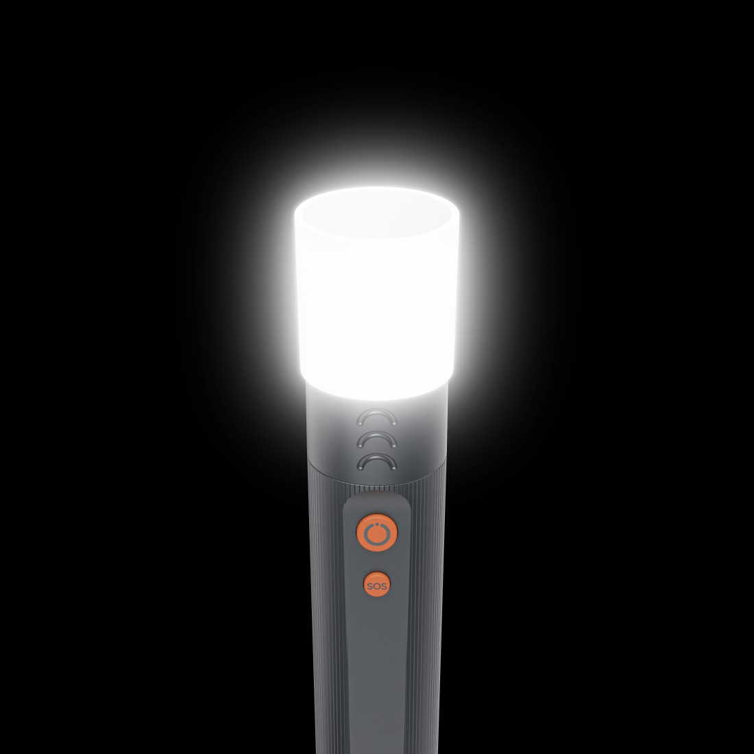 Eine graue Taschenlampe mit hellem weißem Licht, das von oben ausgestrahlt wird. Sie hat orangefarbene Knöpfe und eine SOS-Taste.