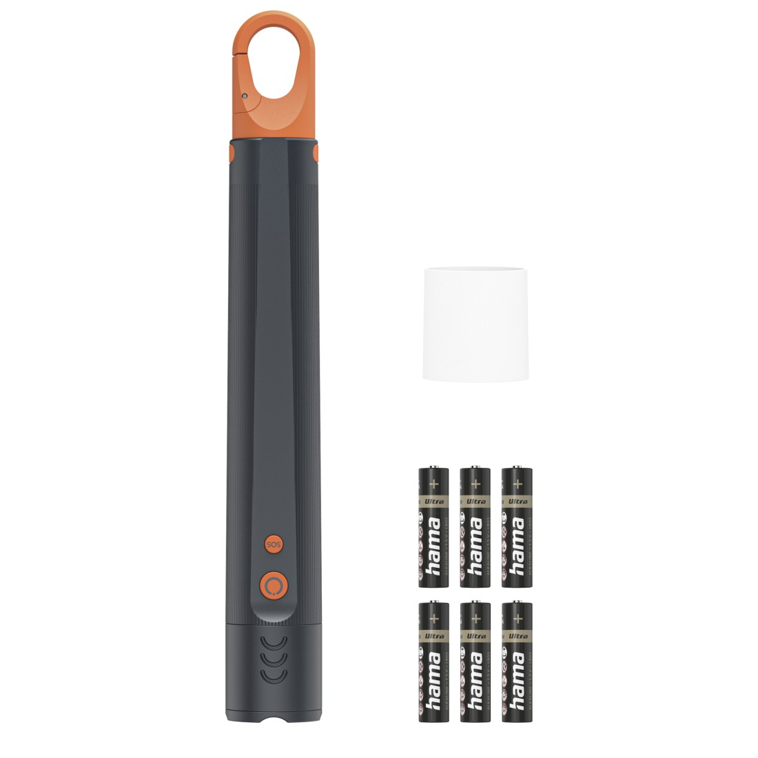 Eine dunkelgraue Taschenlampe mit orangefarbenem Griff, Knopf und Batterien. Enthält einen weißen zylindrischen Diffusor und sechs AA-Batterien.