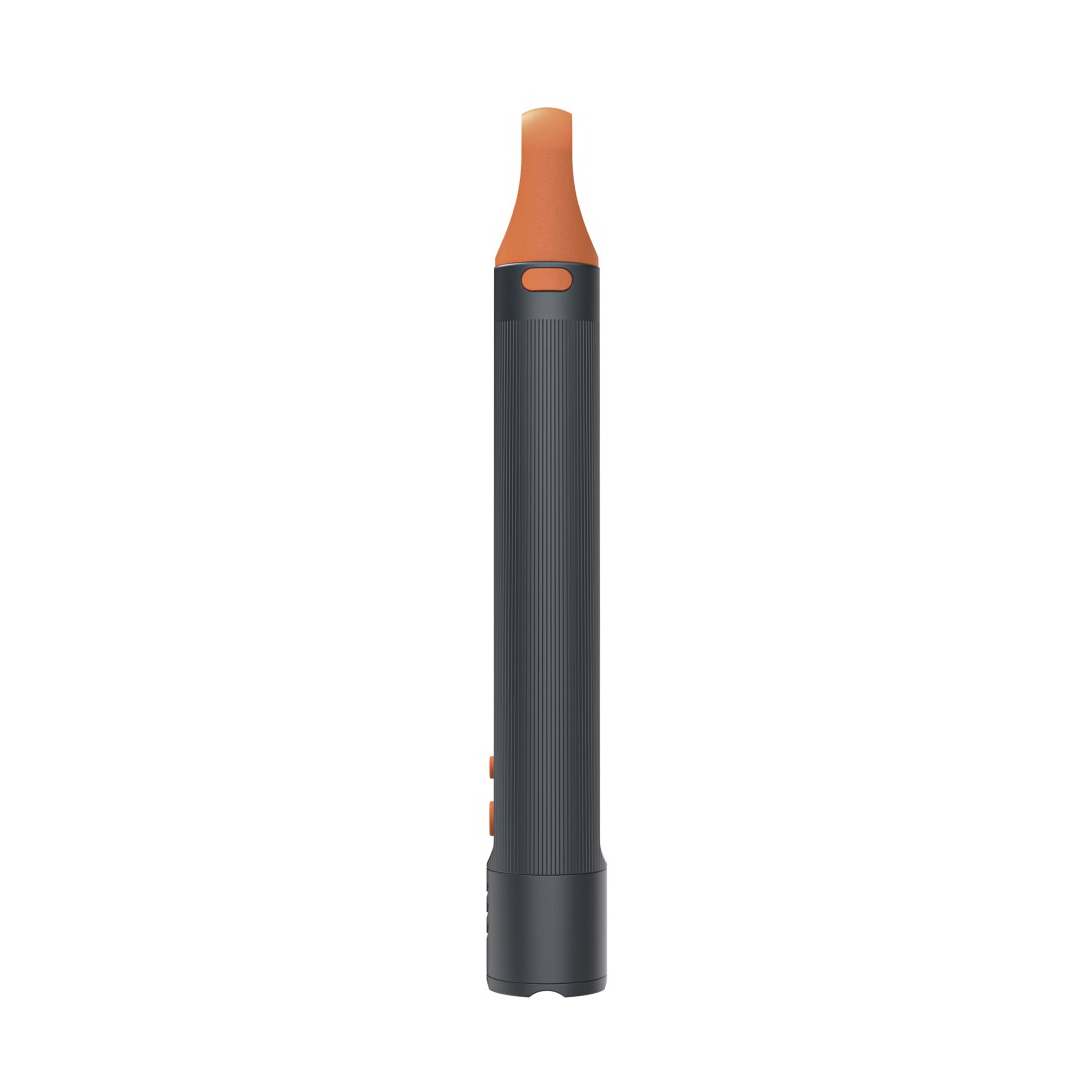 Ein schwarzer und oranger Vape-Pen steht vertikal vor einem weißen Hintergrund. Es hat ein oranges Mundstück und Knöpfe.
