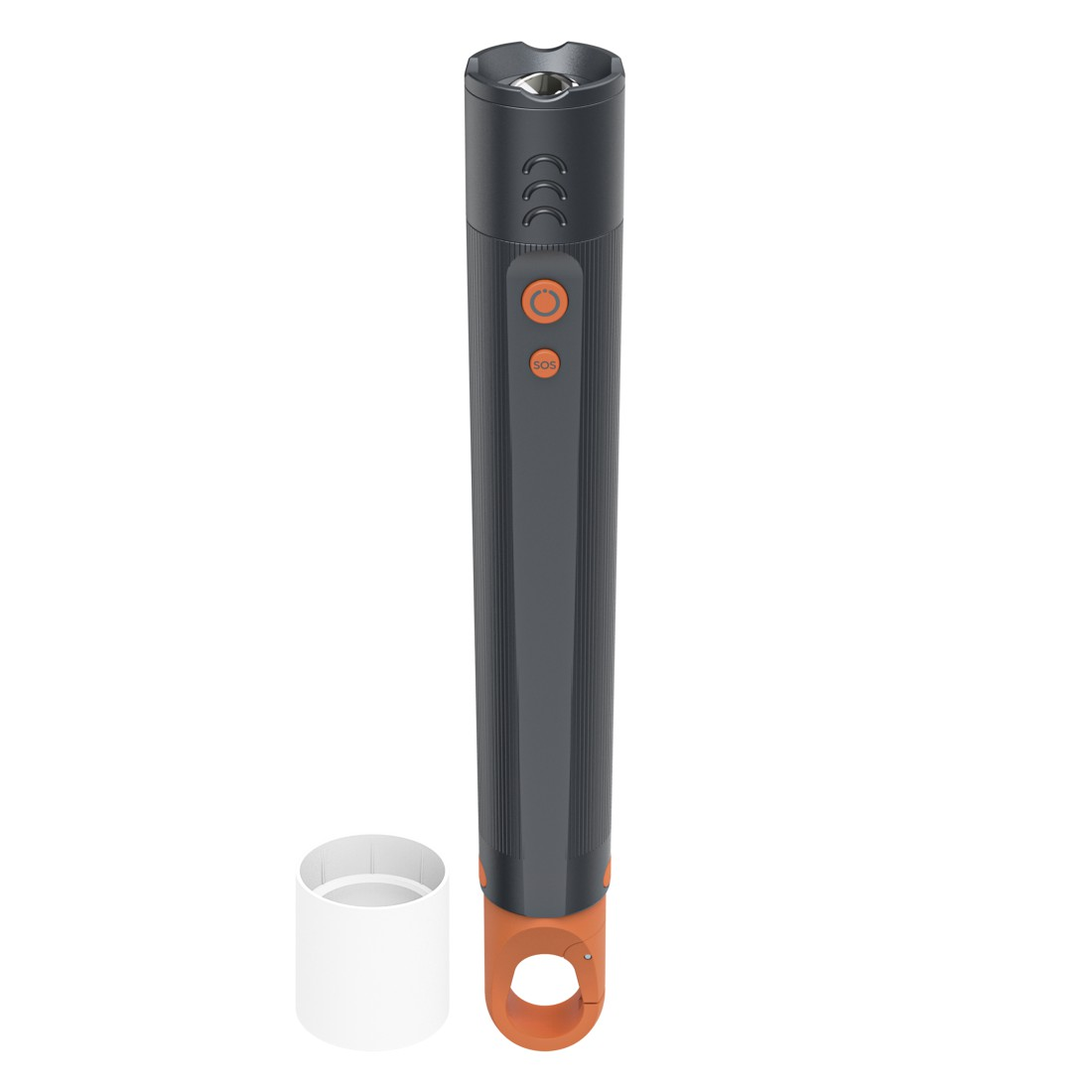 Eine graue Taschenlampe mit orangefarbenen Akzenten und einer SOS-Taste. Enthält einen weißen Zylinder und eine Schlaufe zum Aufhängen.