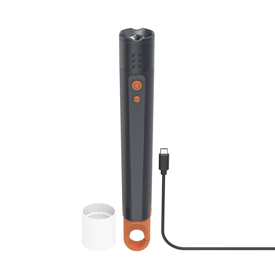 Eine graue Taschenlampe mit orangefarbenen Akzenten, Ladekabel und weißem zylindrischen Sockel. SOS-Taste ist sichtbar.