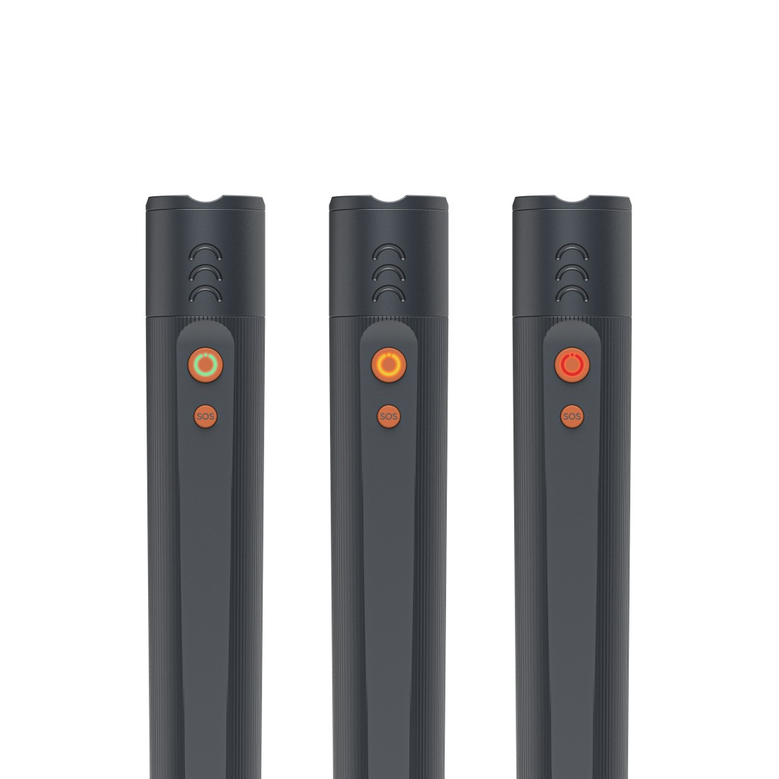 Drei dunkelgraue Taschenlampen auf Weiß. Jede hat einen orangen Knopf und das SOS-Label. Oben befinden sich drei gebogene Linien.
