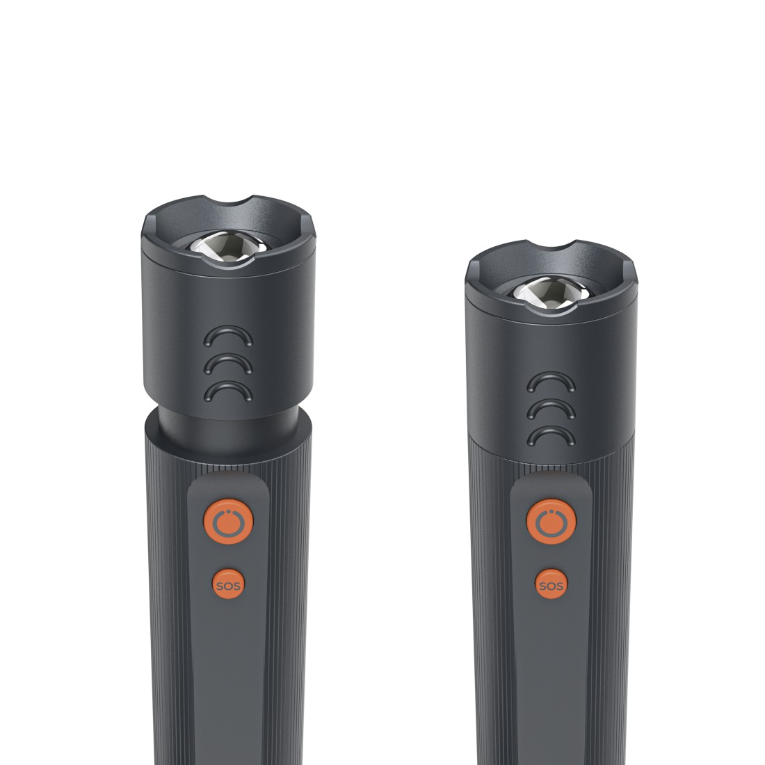 Zwei dunkelgraue Taschenlampen. Jede hat eine orangefarbene SOS-Taste. Die Oberseiten haben eine silberne, reflektierende Oberfläche.