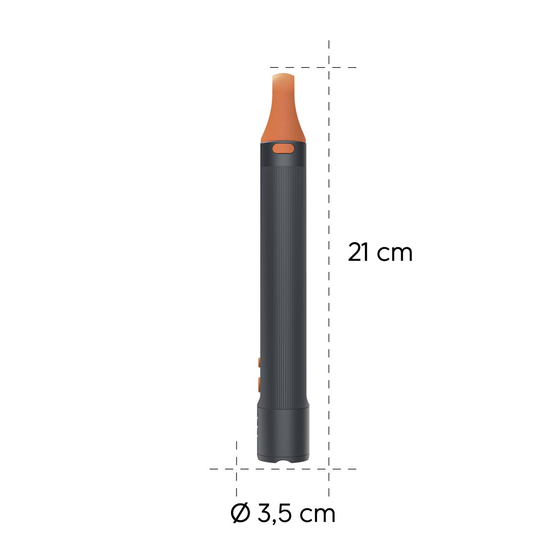 Ein schwarz-oranger Vape Pen vor weißem Hintergrund. Maße: 21 cm hoch, 3,5 cm Durchmesser.