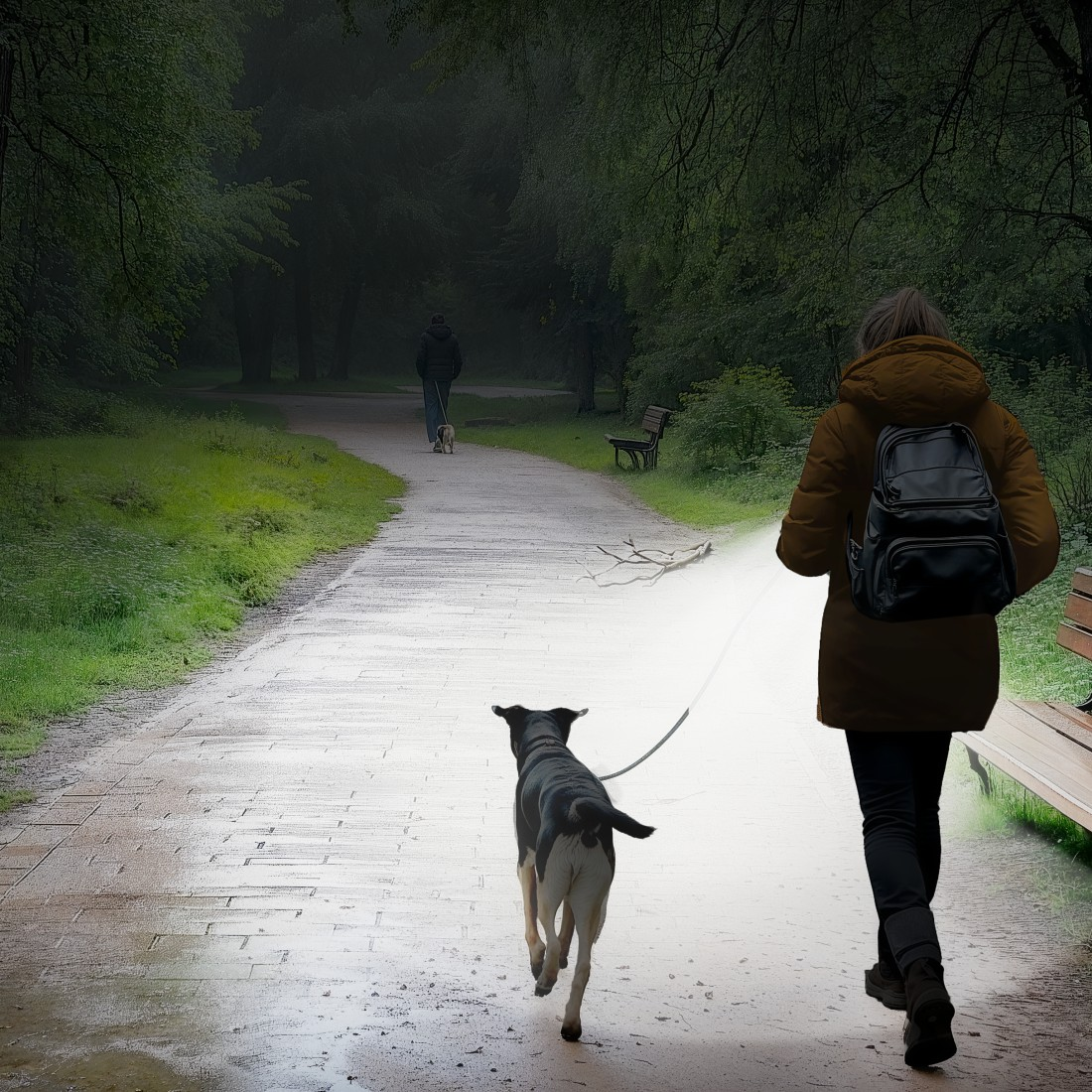Eine Frau geht mit einem Hund auf einem Weg. Andere gehen in der Ferne. Bäume säumen den Weg. Der Hund ist schwarz und weiß.
