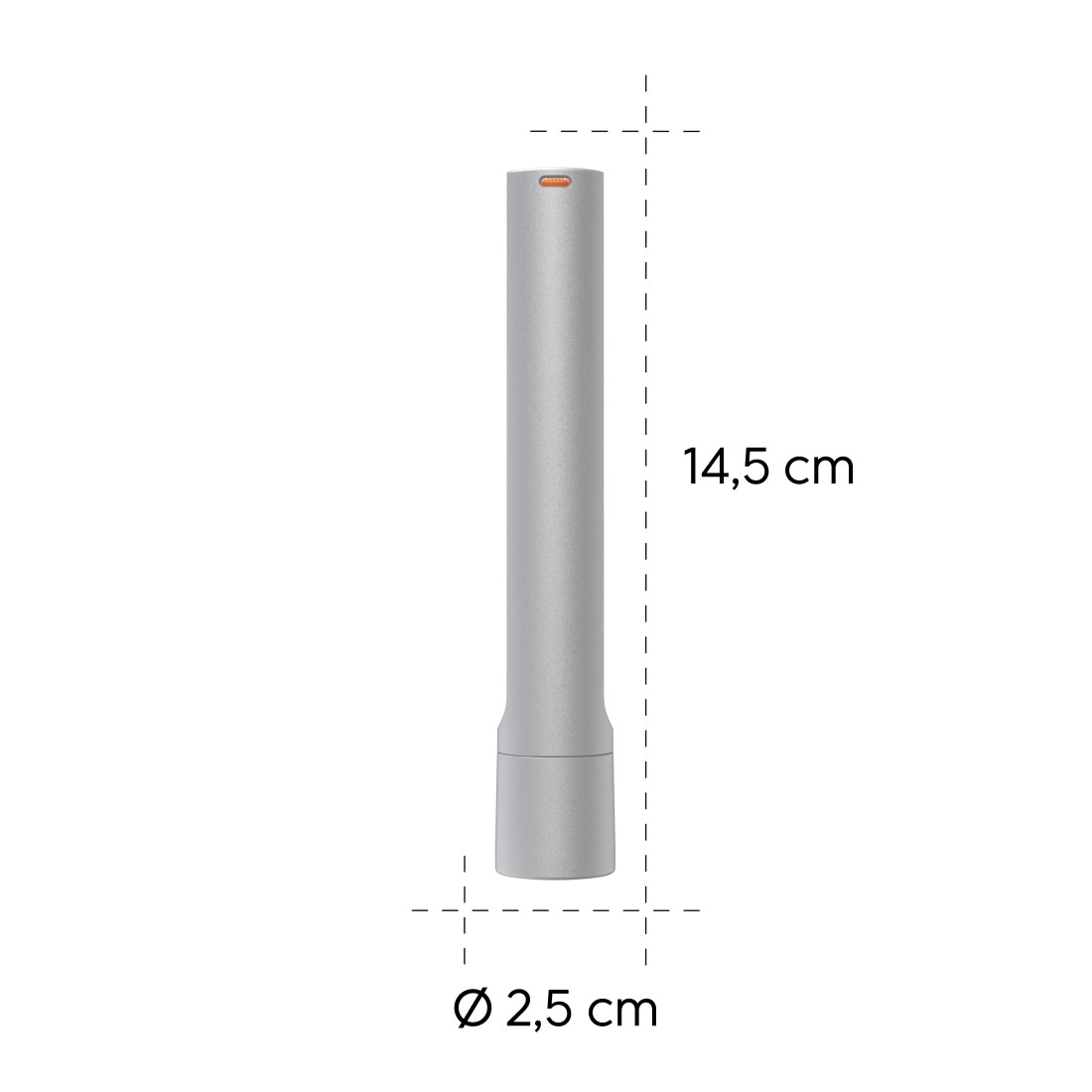 Ein graues zylindrisches Gerät mit orangefarbener Oberseite, das vertikal steht. Maße: 14,5 cm hoch, 2,5 cm Durchmesser.