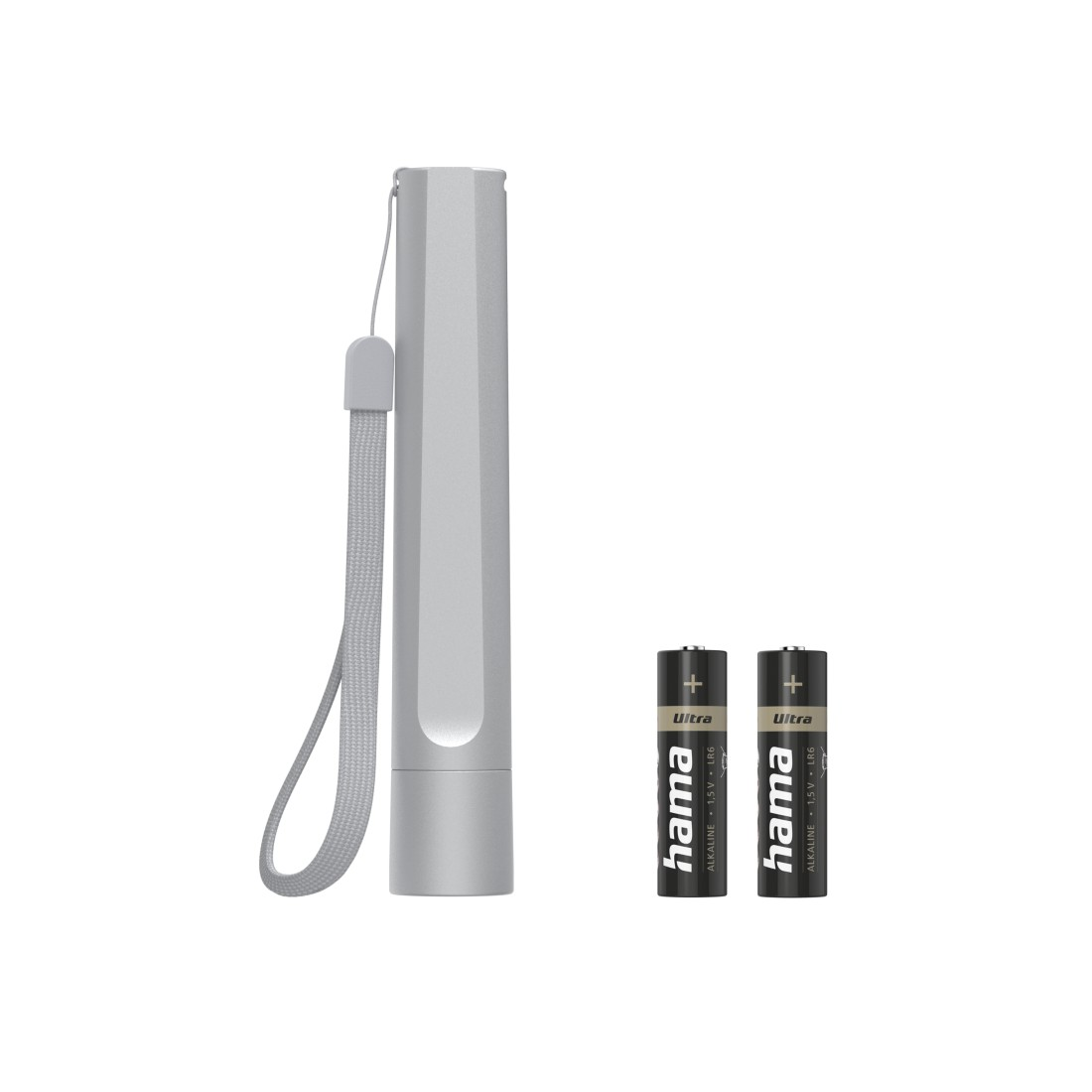 Eine silberne Taschenlampe mit Handschlaufe und zwei AA-Batterien auf weißem Hintergrund.