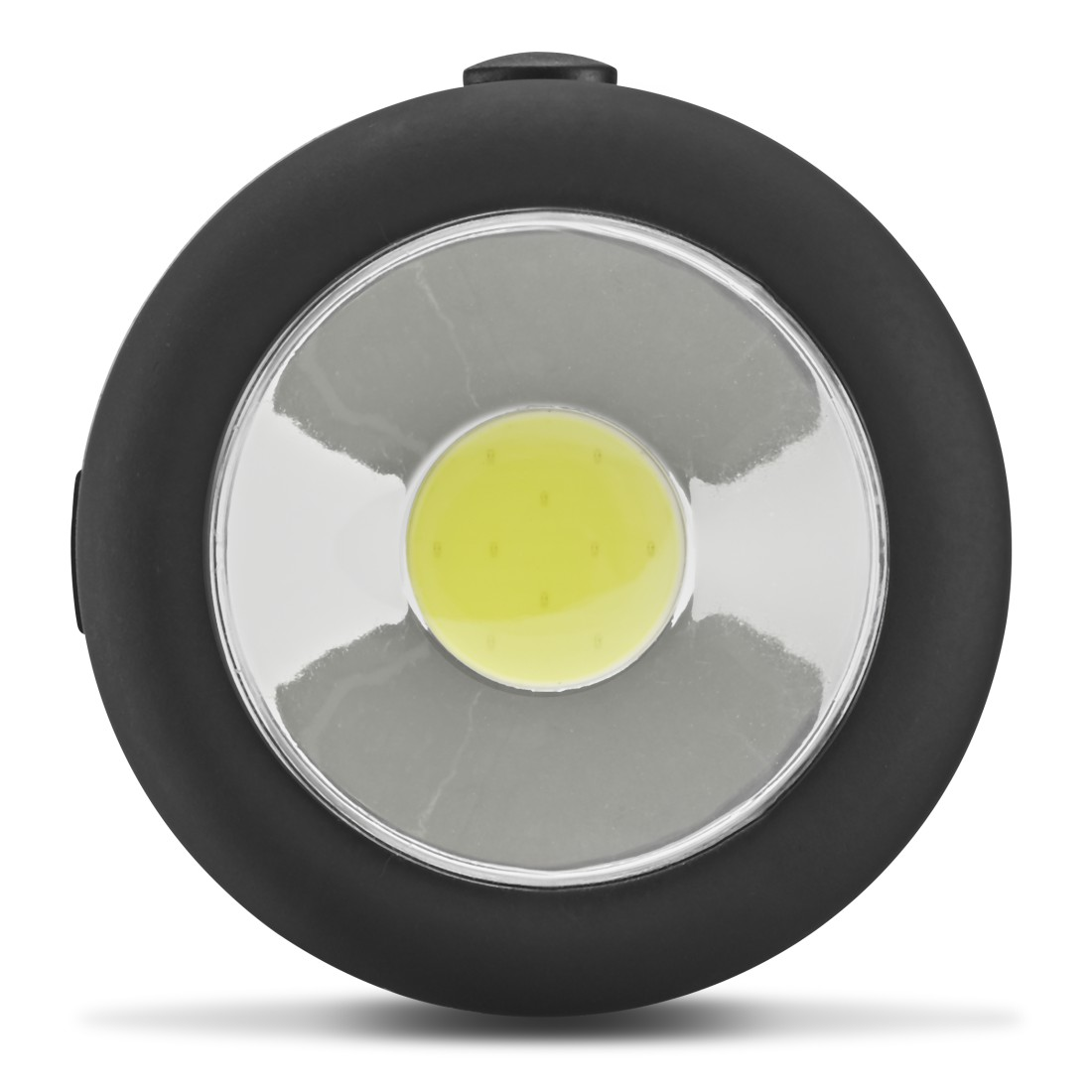 Eine runde LED-Leuchte in Schwarz und Silber. Die Mitte ist gelb. Der umliegende Bereich ist schwarz, und die Leuchte hat oben einen kleinen schwarzen Knopf.