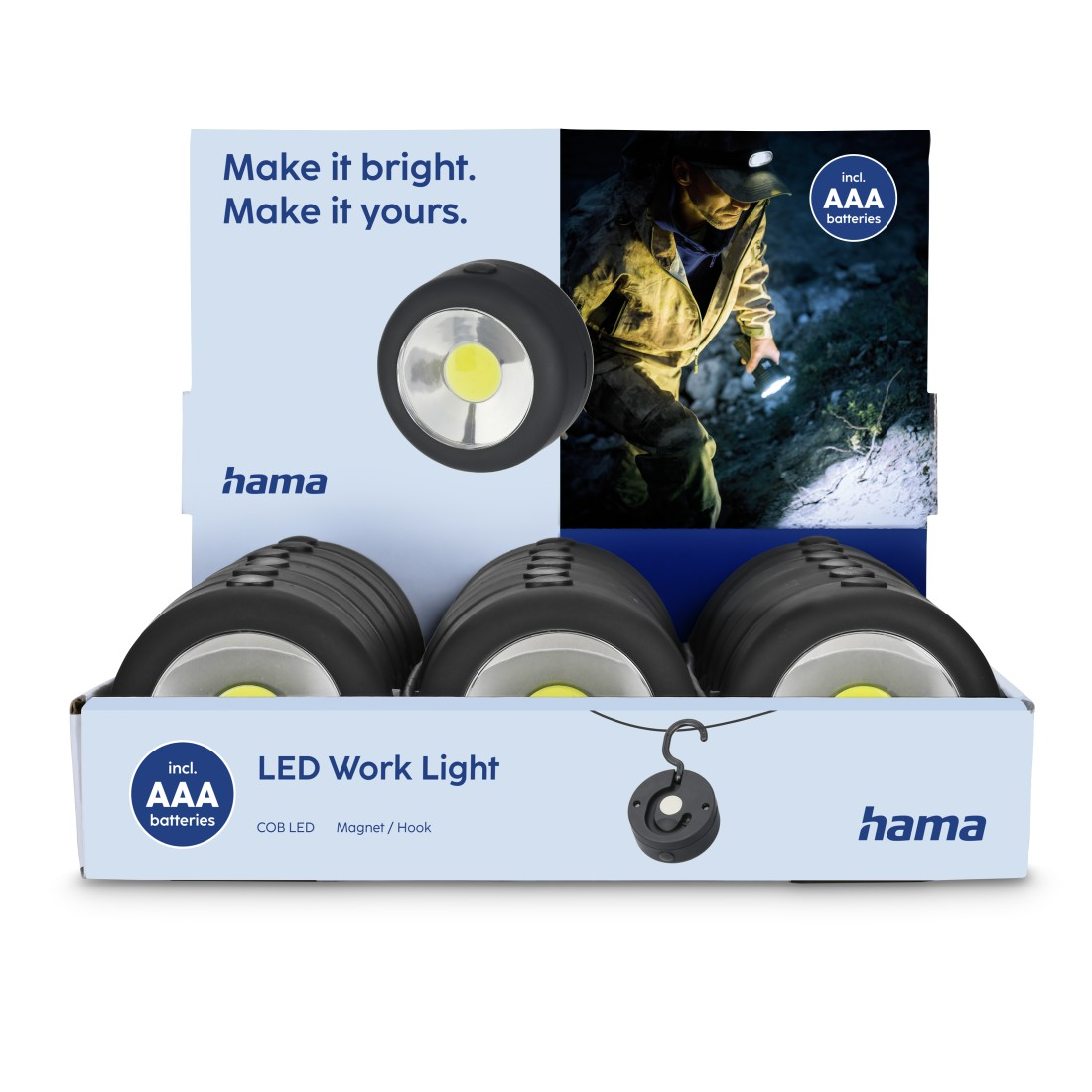 Präsentation von Hama LED-Arbeitsleuchten. Das Bild zeigt einen Mann, der eine Stirnlampe in dunkler Umgebung benutzt.