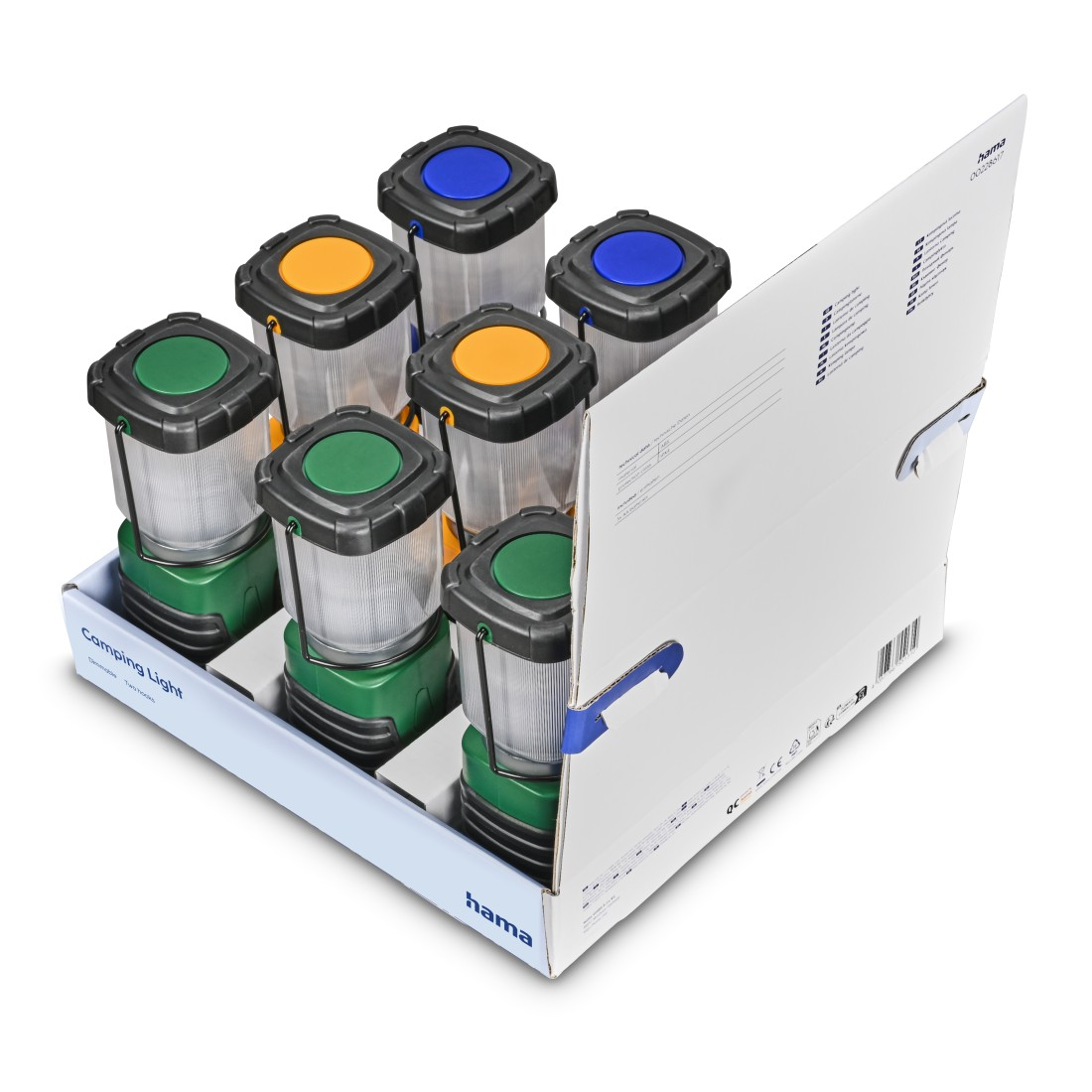 Eine Displaybox mit Campinglampen. Jede Lampe hat eine farbige Oberseite (blau, orange, grün). Die Box ist weiß mit blauem Rand.