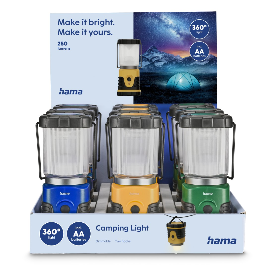 Campinglampen in der Auslage. Blaue, orange und grüne Basen. 250 Lumen, 360° Licht. Produktdisplay mit 'hama' Branding.
