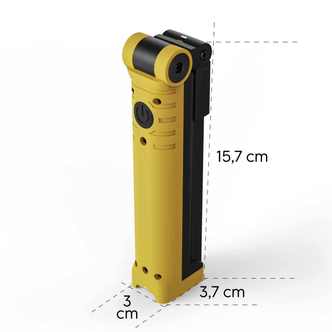 Eine gelb-schwarze LED-Arbeitsleuchte. Sie ist 15,7 cm hoch und 3,7 cm breit. Sie hat einen Ein-/Ausschalter. Maße werden angegeben.