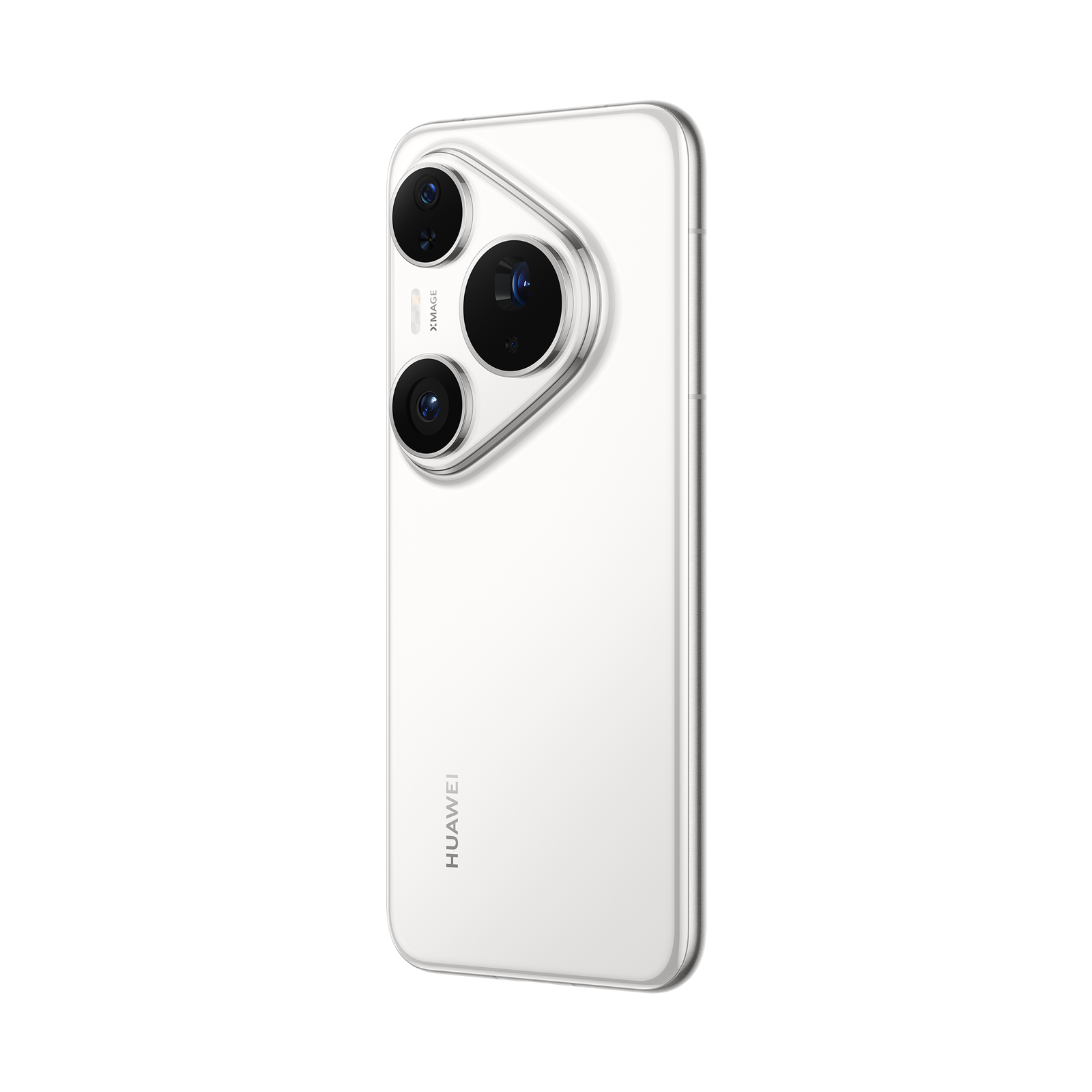 Siyah arka plan üzerinde üç lensli, Xmage markalı ve Huawei logolu beyaz akıllı telefon.