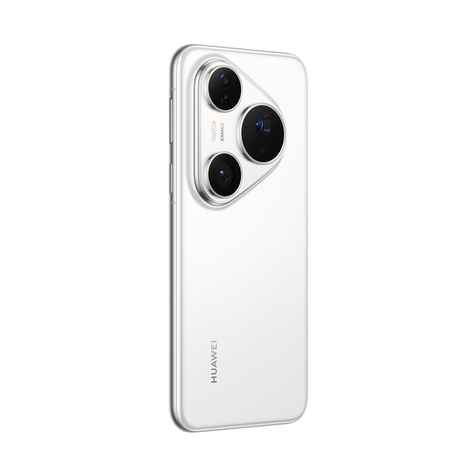 Siyah arka plan üzerinde üç arka kameralı beyaz bir Huawei telefonu gösteriliyor. Telefon hafif açılı, tasarımını sergiliyor.