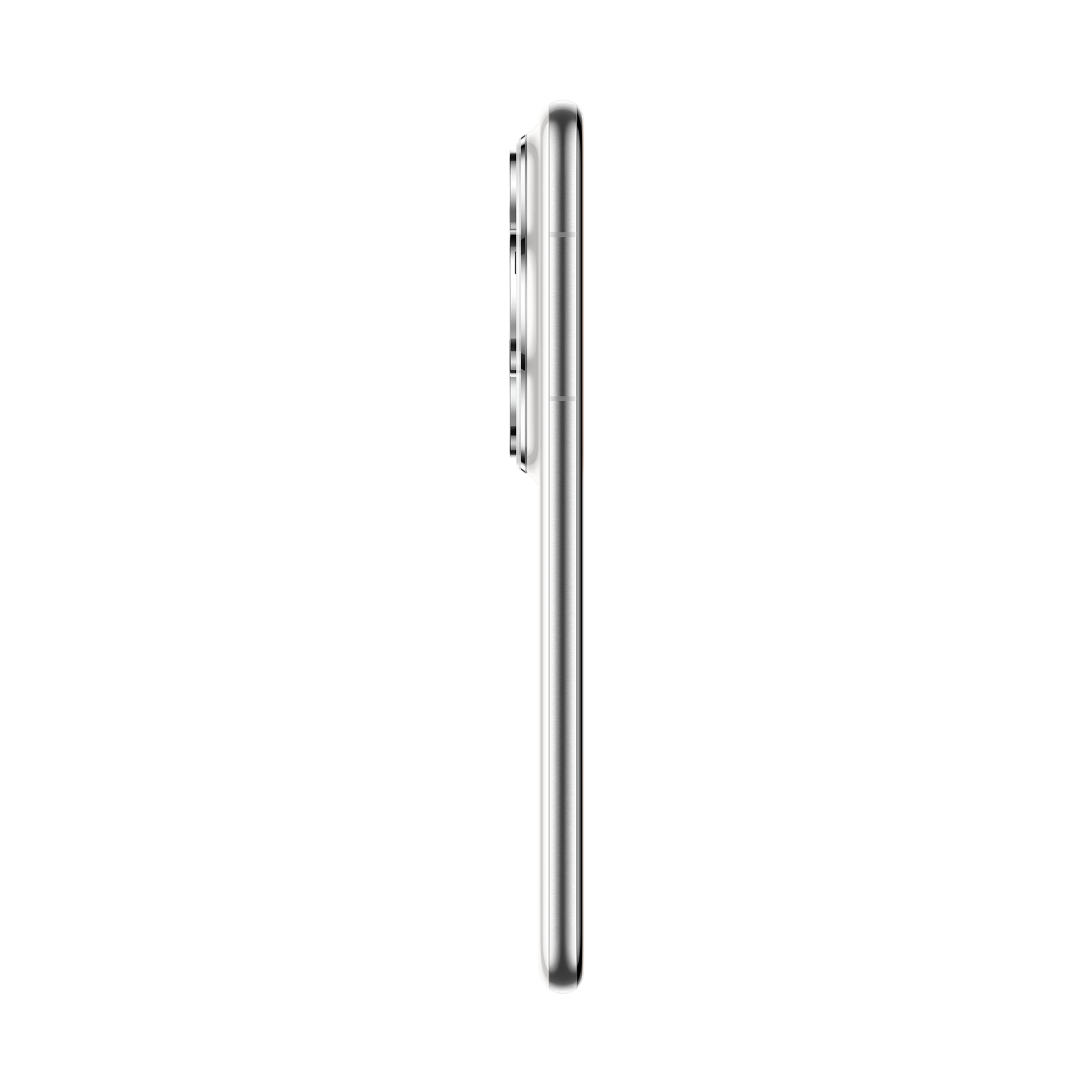 Siyah arka plan üzerinde gümüş bir akıllı telefonun yan görünümü. Telefonun kamera modülü görünür.