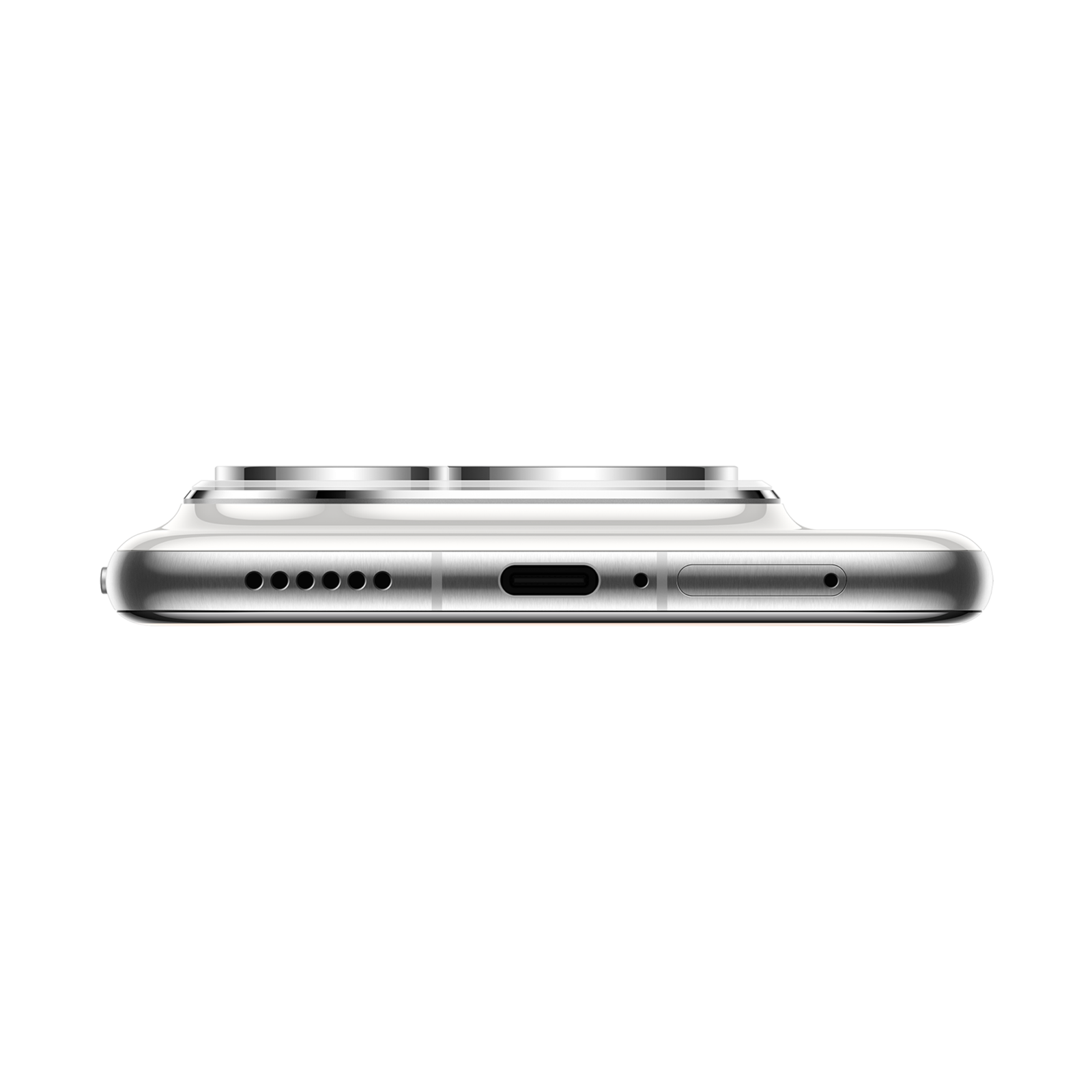 Siyah zemin üzerinde gümüş bir akıllı telefonun alt kenarı gösteriliyor. USB-C bağlantı noktası, hoparlörler ve bir mikrofon var.