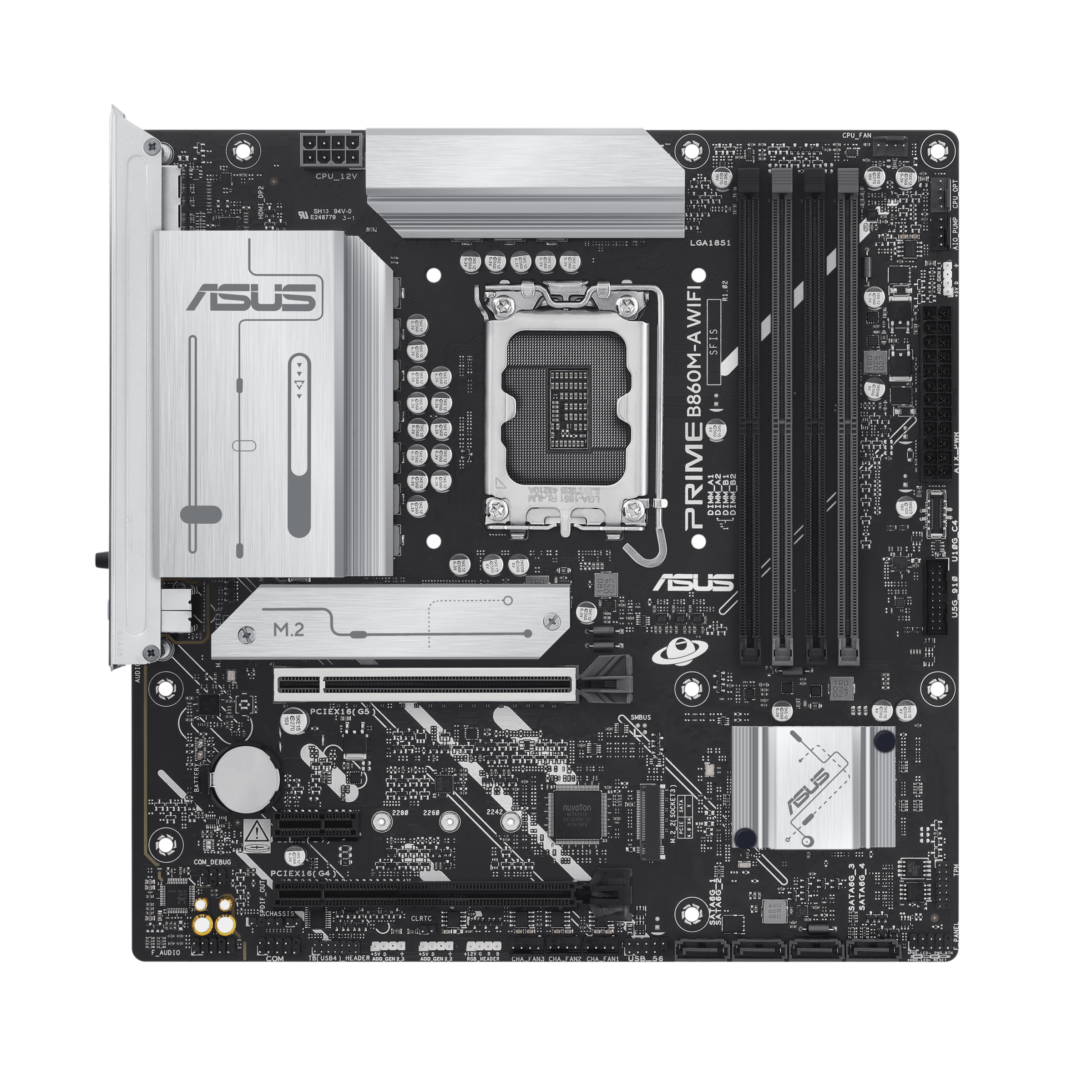 Une carte mère d'ordinateur noire et argentée. Elle comporte divers composants, dont des fentes, des ports et un socket CPU.