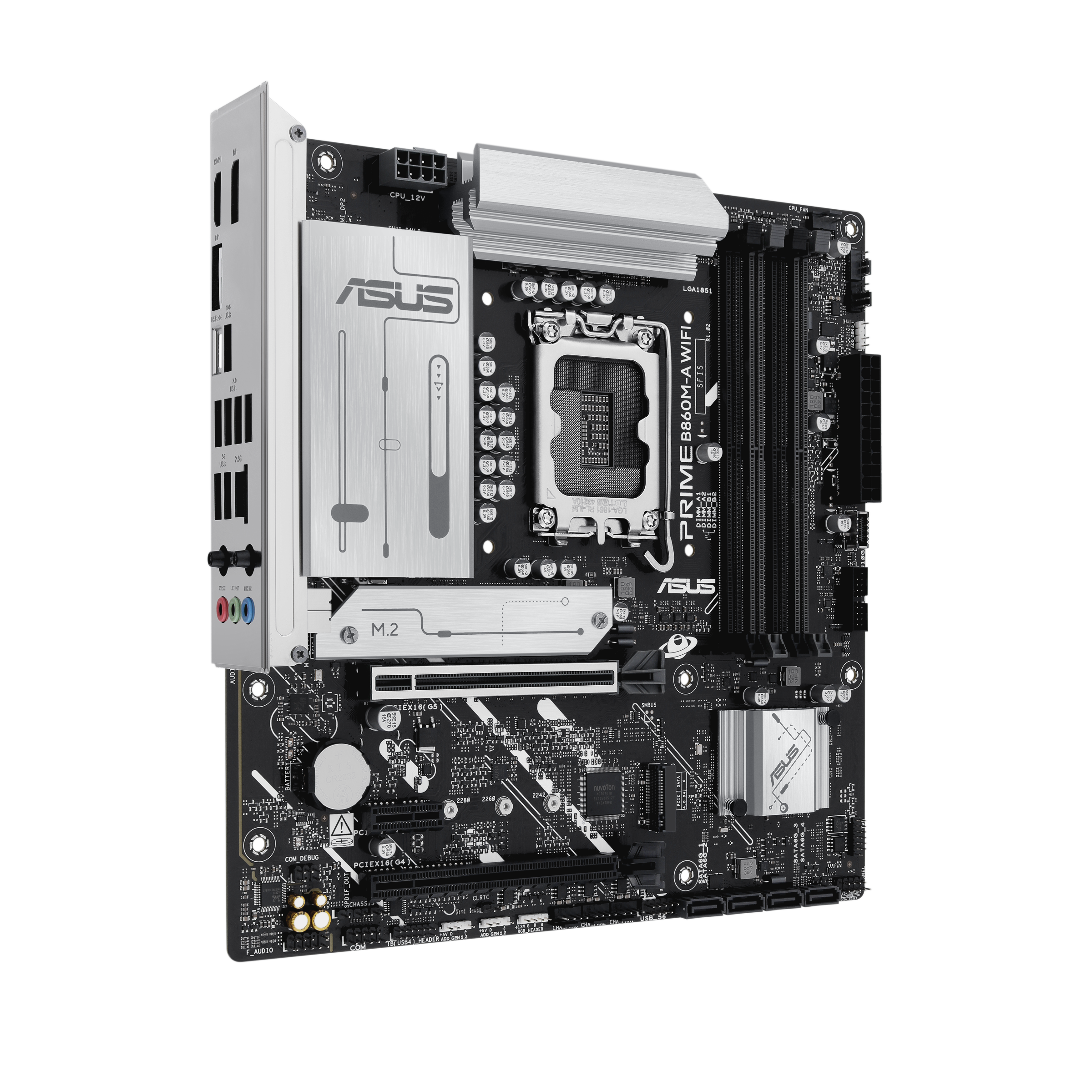 Une carte mère ASUS Prime B860M-A WIFI noire et argentée. Composants : socket CPU, slot M.2 et divers ports.