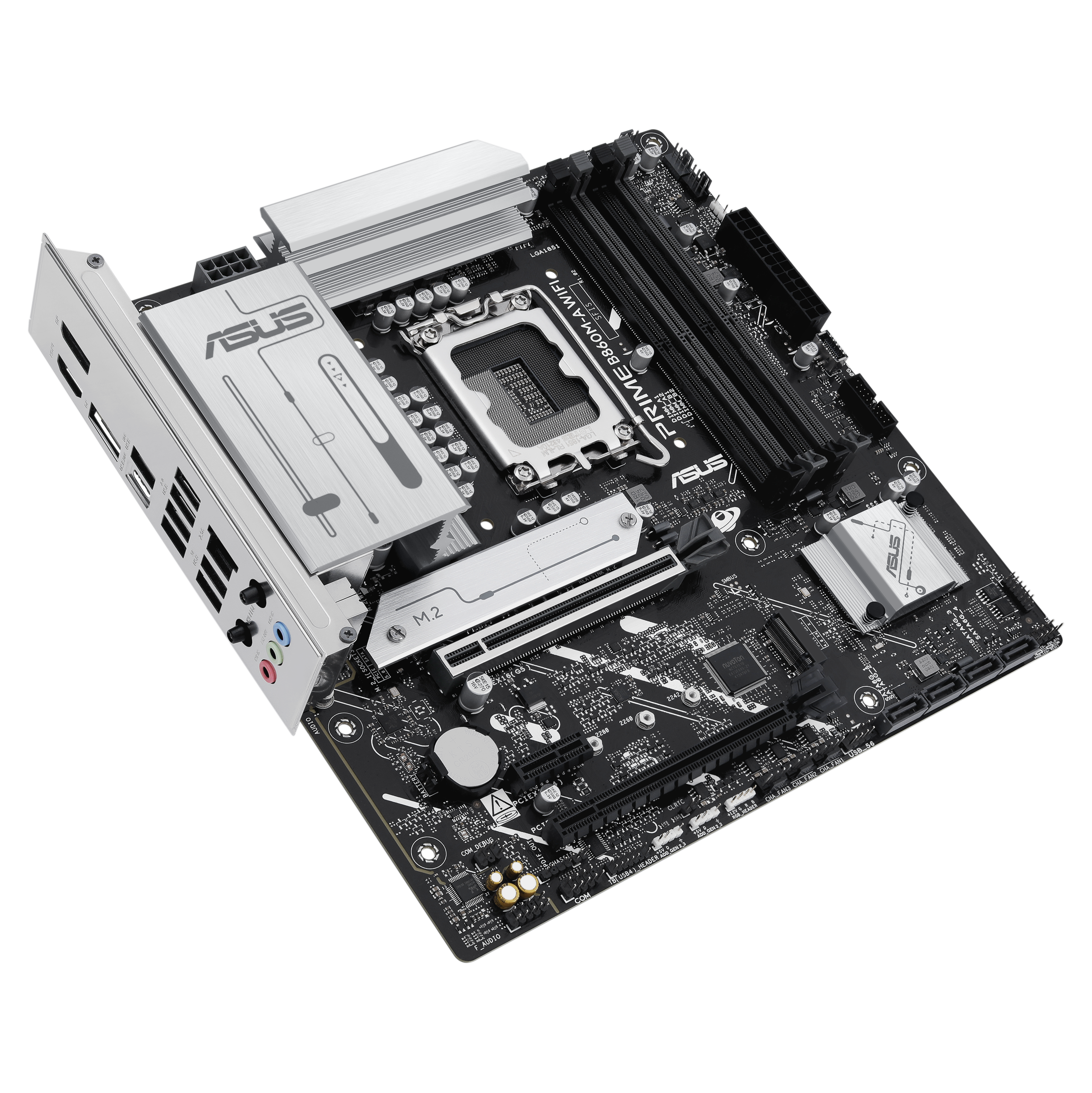 Une carte mère ASUS PRIME B660M-A WIFI noire. Elle possède des dissipateurs thermiques argentés, plusieurs ports et composants électroniques.