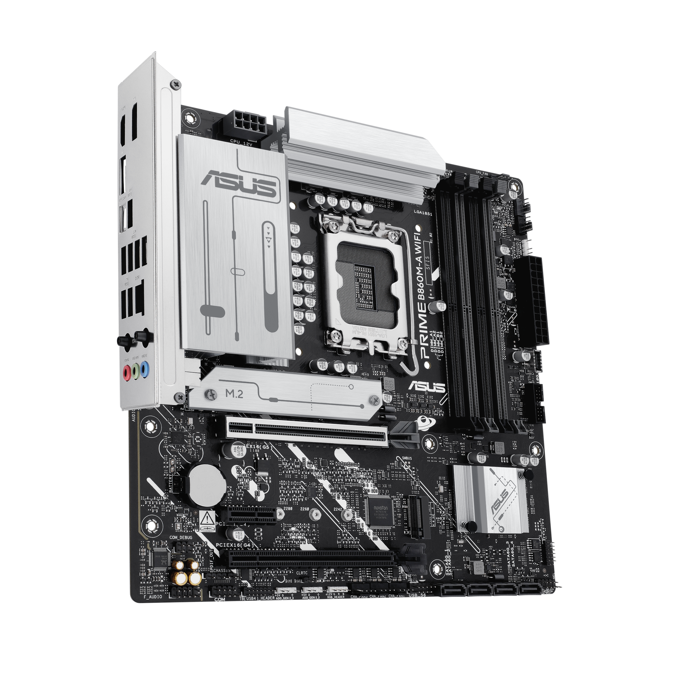 Une carte mère ASUS PRIME B860M-A WIFI noire et argentée avec divers composants et ports visibles.