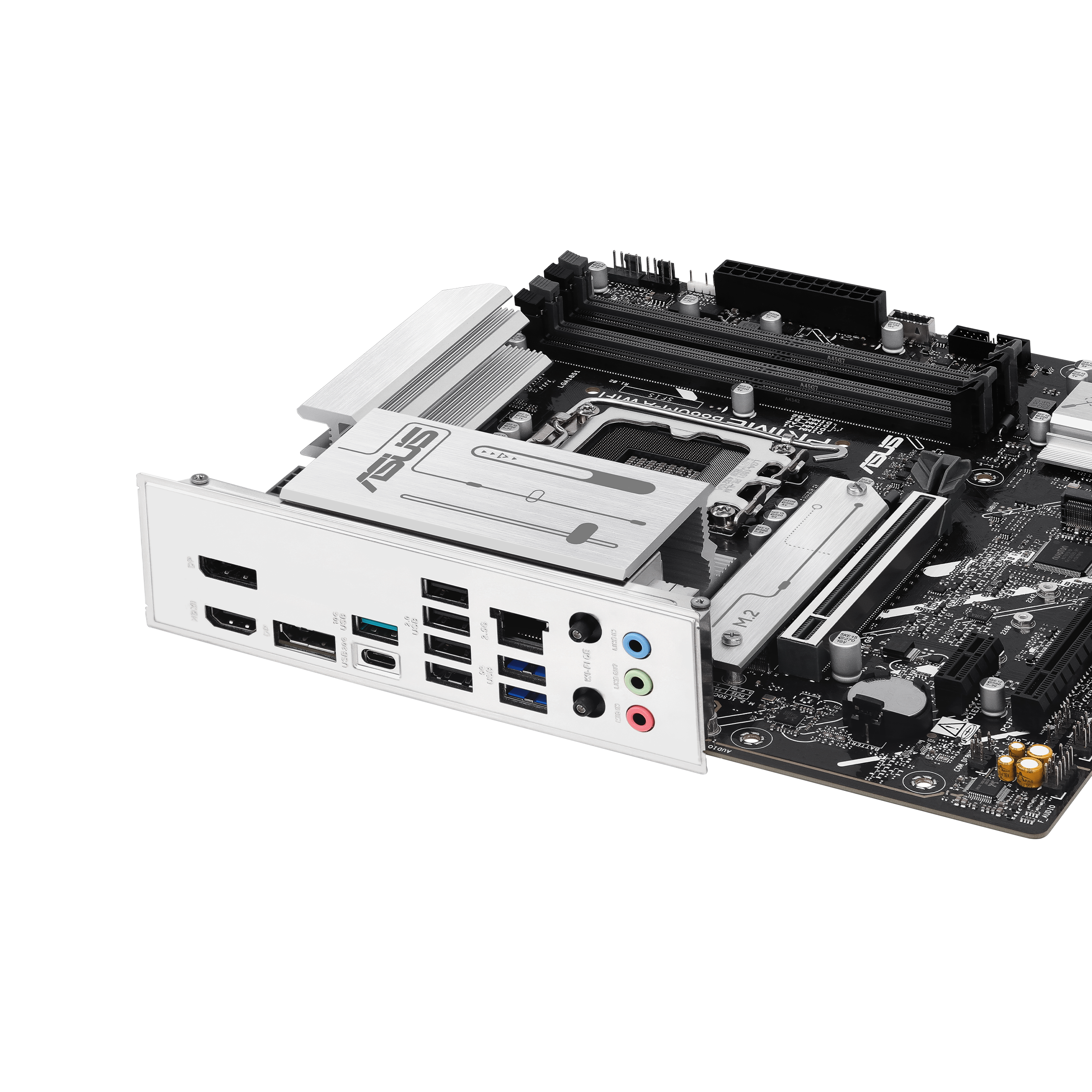 Une carte mère d'ordinateur avec divers ports, emplacements et composants, y compris le logo ASUS. Les couleurs noir et argent dominent.