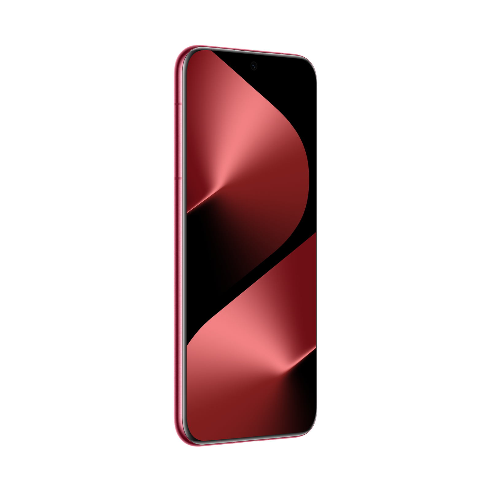 Siyah zemin üzerinde gradyan ekranlı kırmızı bir akıllı telefon. Ekran kırmızı gradyan tasarıma sahip.