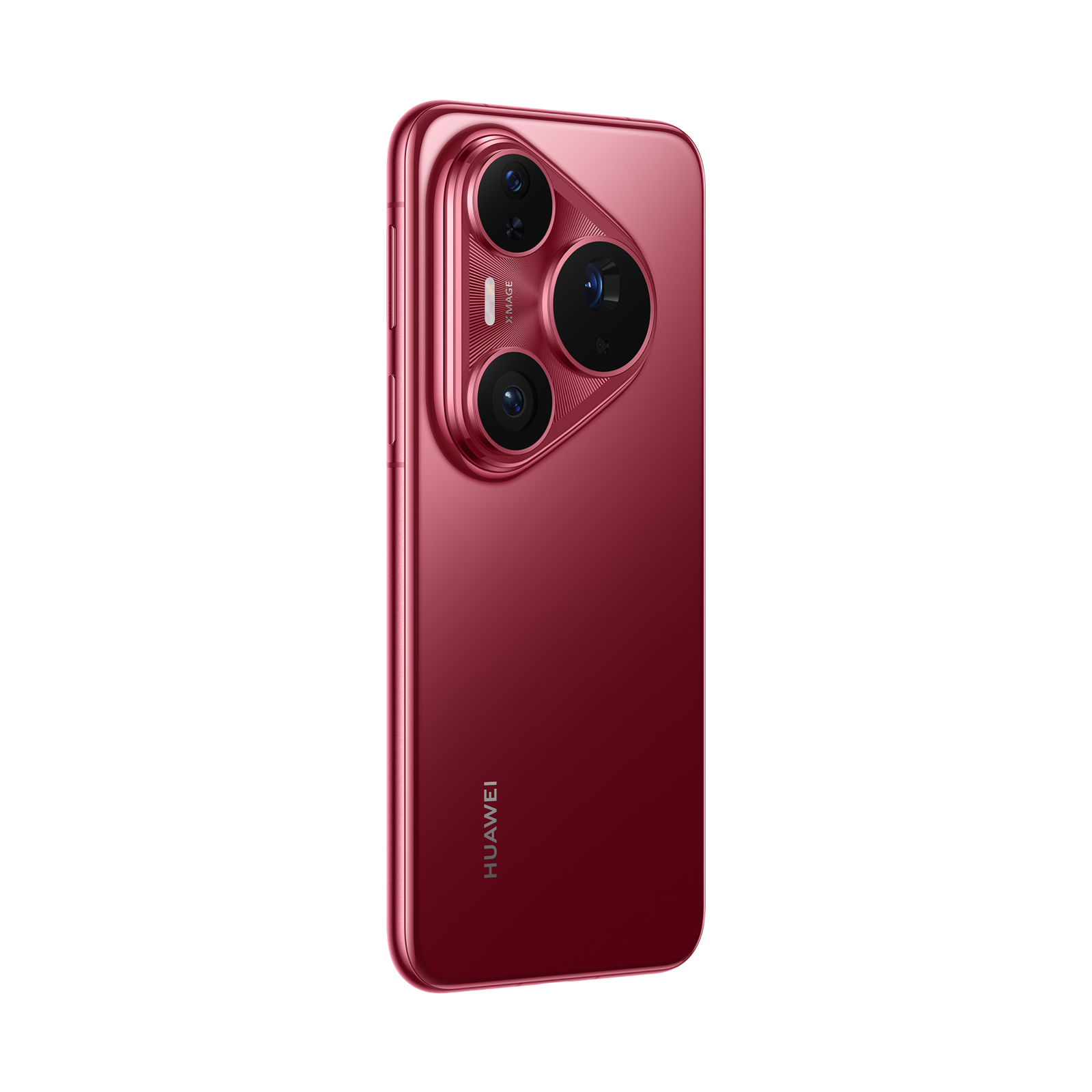 Siyah arkaplan önünde üç lensli ve X-IMAGE logolu kırmızı bir akıllı telefonun arkası. Huawei logosu da görülebilir.