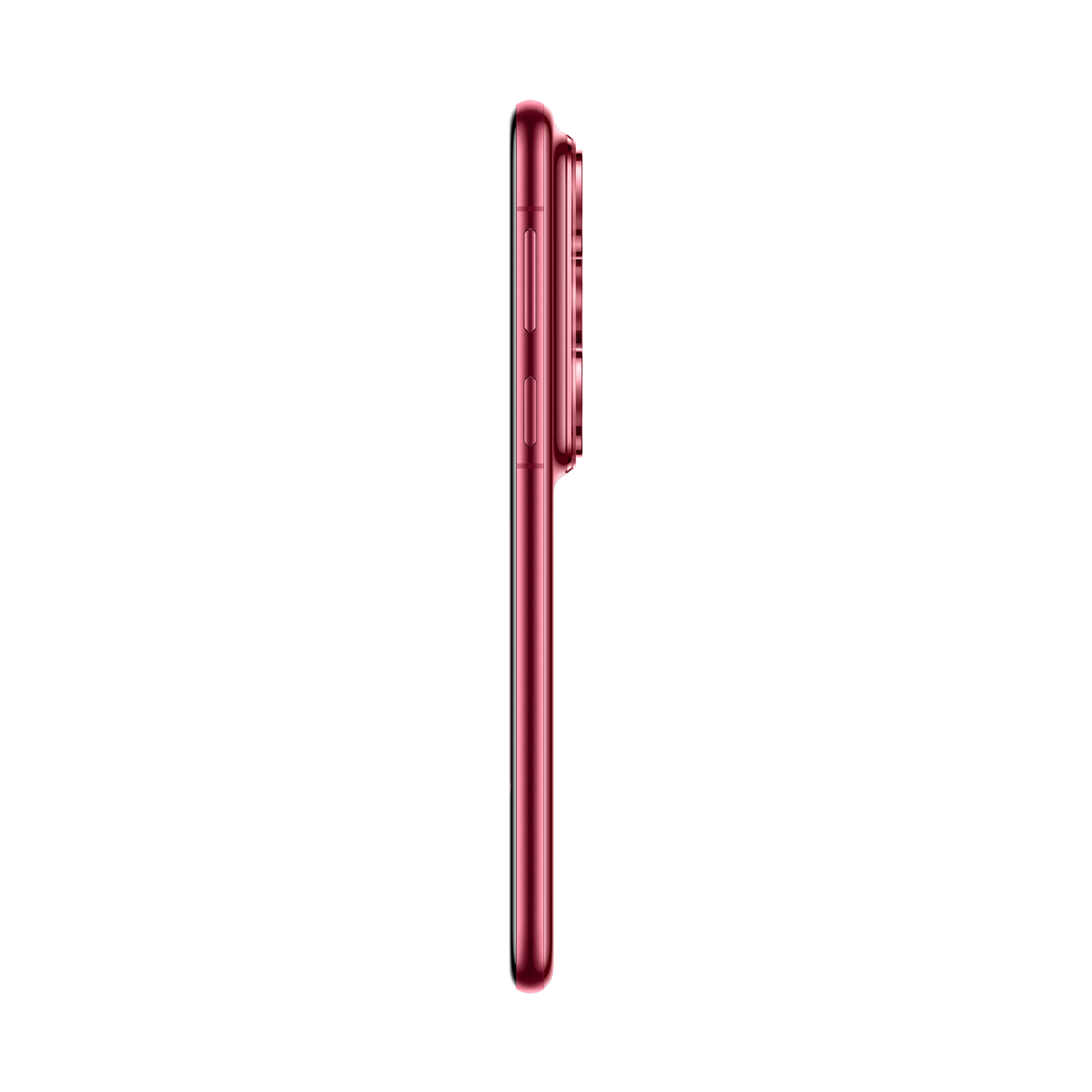 Siyah arka plan üzerinde pembe renkli bir akıllı telefonun yan görünümü. Telefonun yan tarafında düğmeler ve kamera çıkıntısı var.