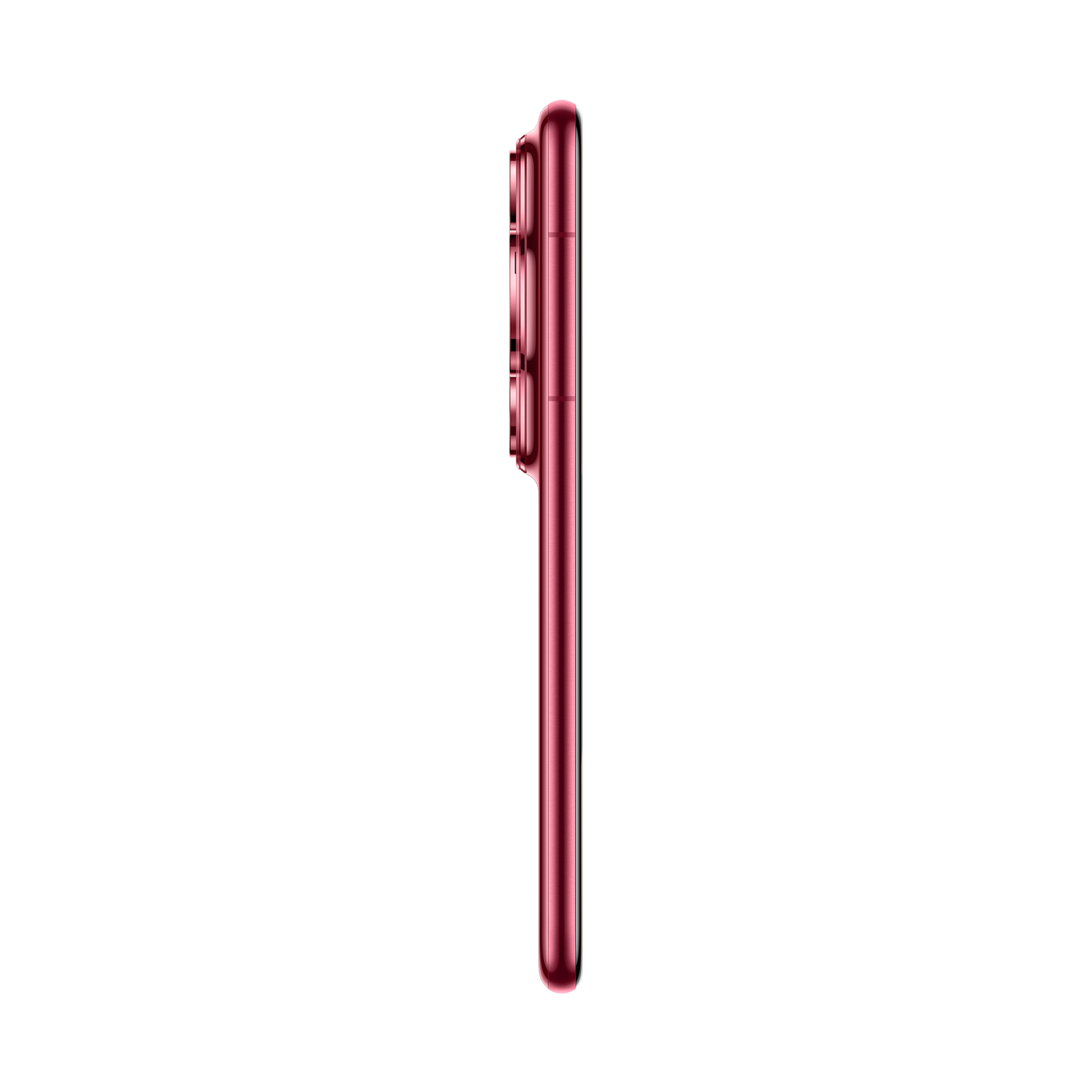 Pembe renkli bir akıllı telefonun yan görünümü. Çoklu lensli bir kamera çıkıntısı var. Arka plan siyah.