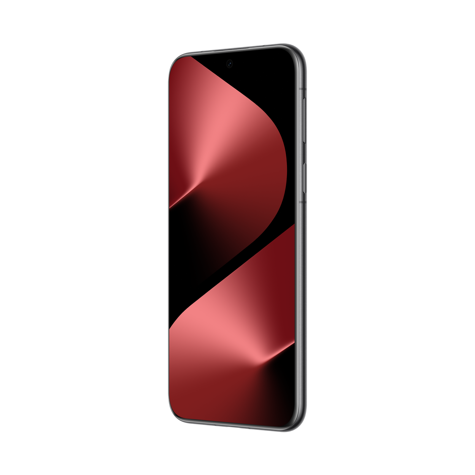 Siyah arka planda kırmızı gradyan ekrana sahip bir akıllı telefon. Telefonun metalik gümüş çerçevesi var.
